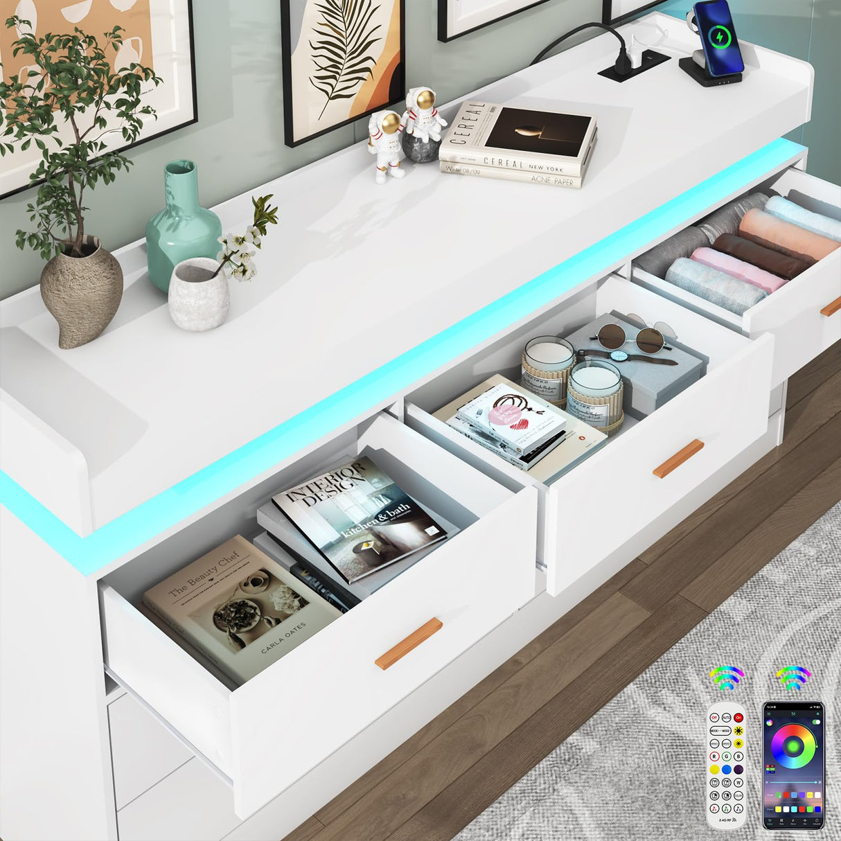 Hlivelood 7 Drawer Dresser with LED Light and Charging Station, Modern Chest of Drawers for Closet, Wide Drawer Organizer Cabinet for Bedroom, Living Room, Entryway, Hallway, White Hlivelood