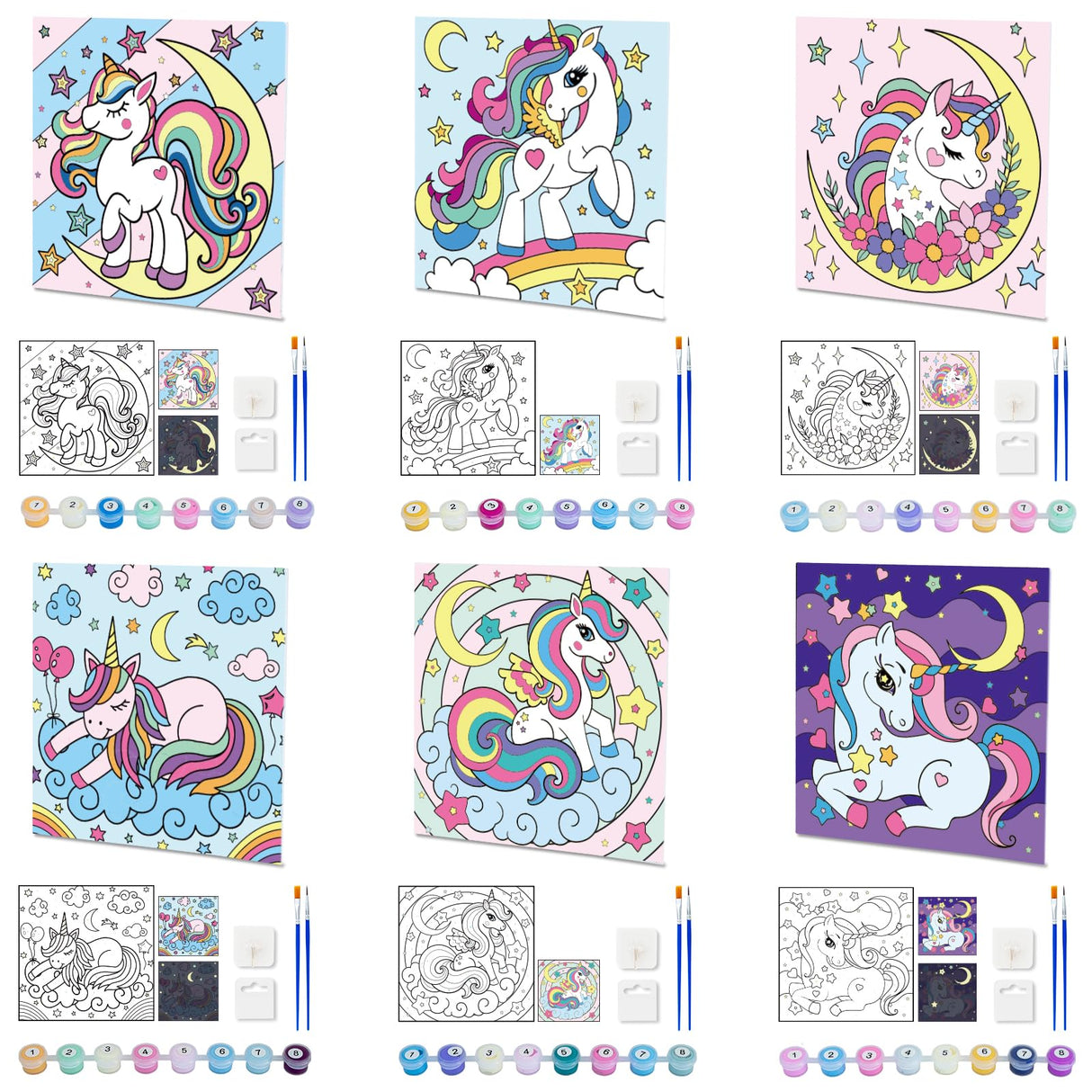 6 Pack Glow in The Dark Unicorn Paint by Numbers for Kids - Predrawn Canvas Arts and Crafts with 50 Paints,12 Brushes 2 Easels, DIY Acrylic Oil Painting Kits for Boys Girls Beginners, Home Wall Decor Craft Spot!