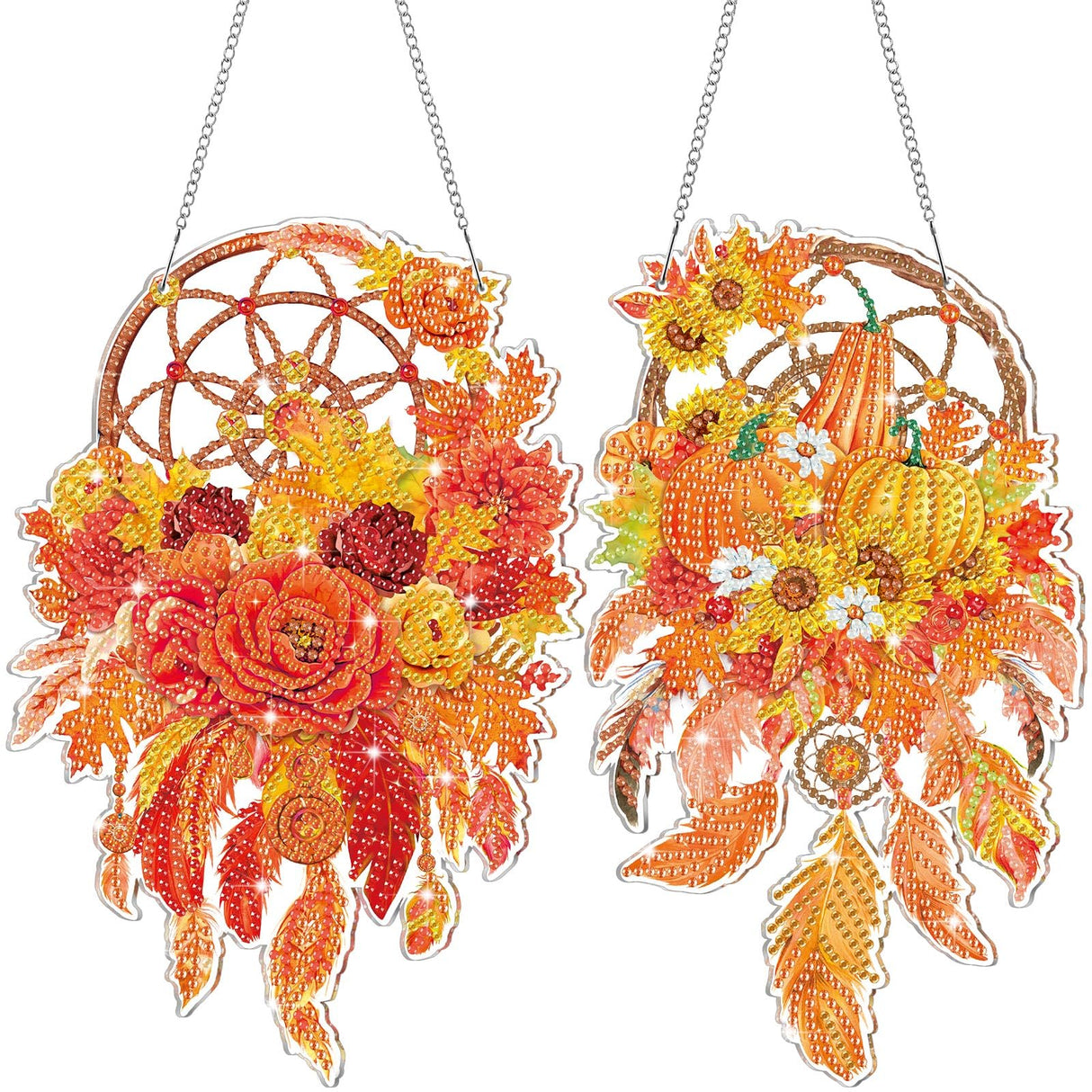 Saillong 2 Pcs Fall Thanksgiving Diamond Art Hanging Kits for Adults DIY Thanksgiving Diamond Painting Suncatcher Fall Pumpkin Dream Catcher Hanging Decor Autumn Wind Chime Decor for Home Wall Window Saillong
