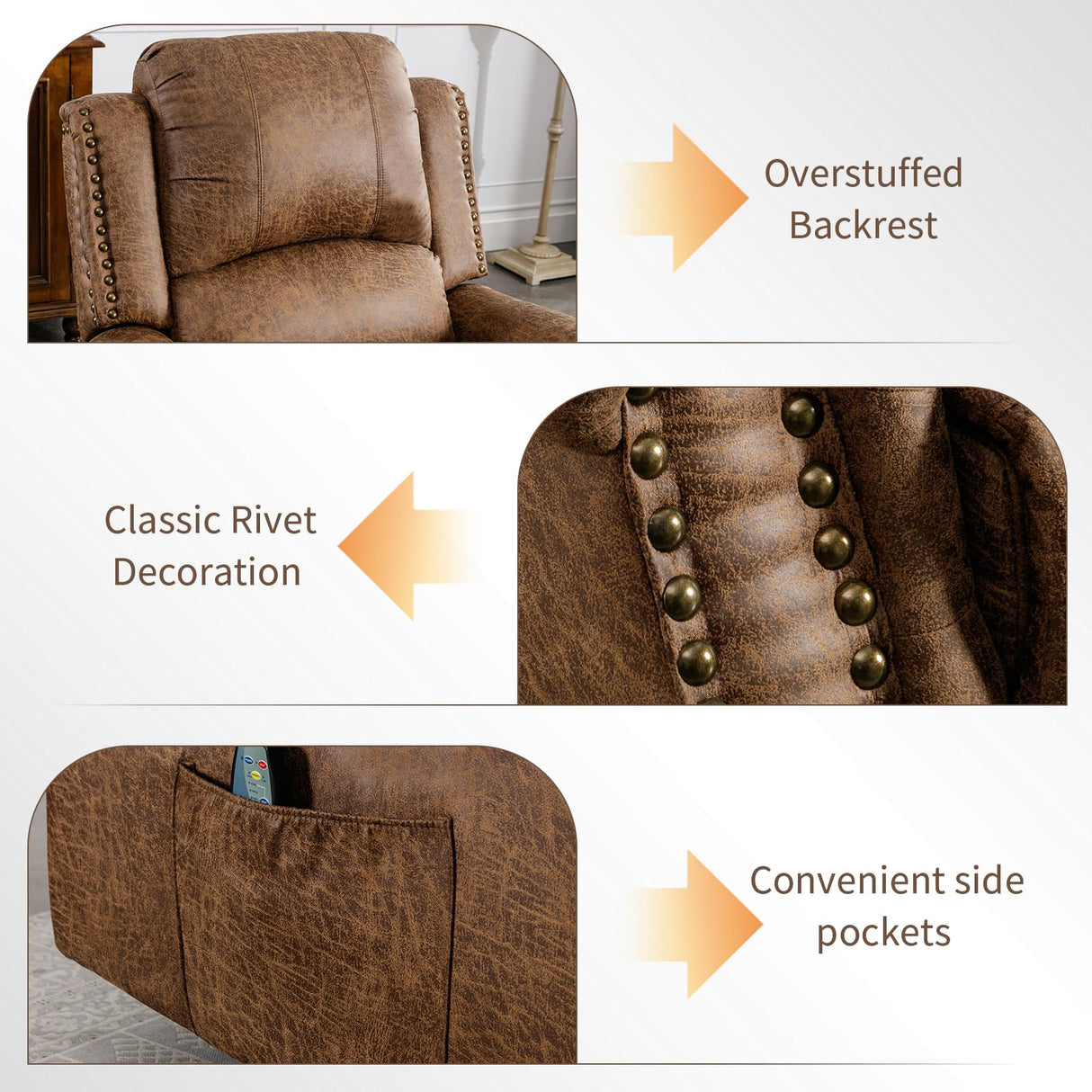 HAOMARKETS Classic Power Recliner Chair with Massage and Heat, Breathable Faux Leather Electric Recliner with USB Port, Overstuffed Reclining Sofa with Rivets for Living Room, Brown HAOMARKETS