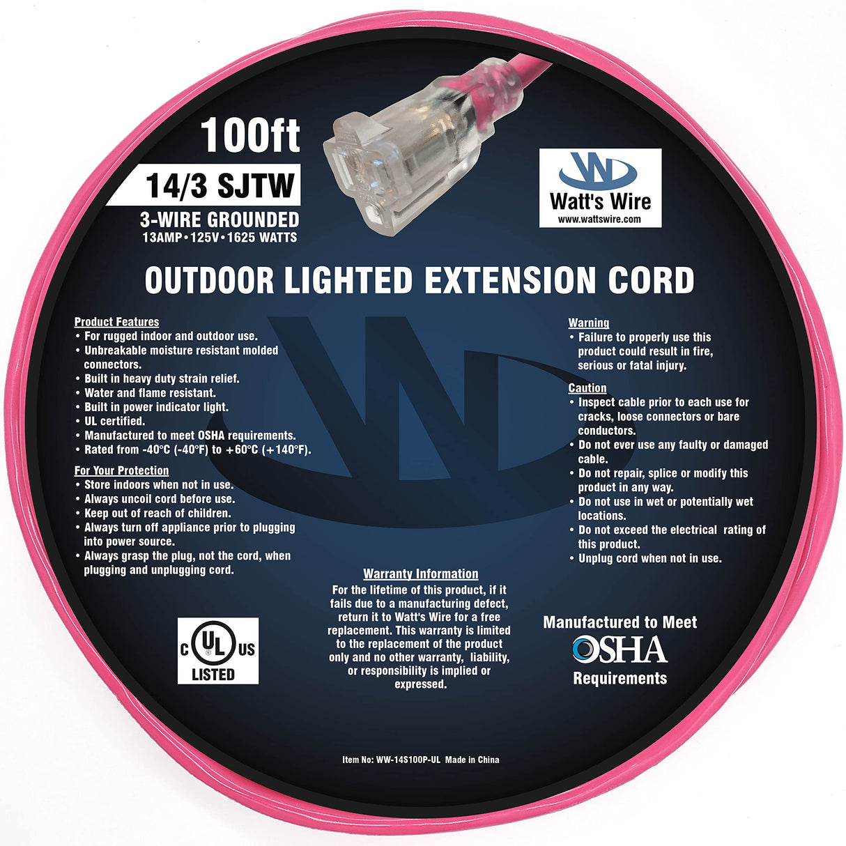 100 ft - 14 Gauge Heavy Duty Extension Cord - Lighted SJTW - Indoor/Outdoor Extension Cord by Watt's Wire - 100' 14-Gauge Grounded 13 Amp Extension Cord Watt's Wire