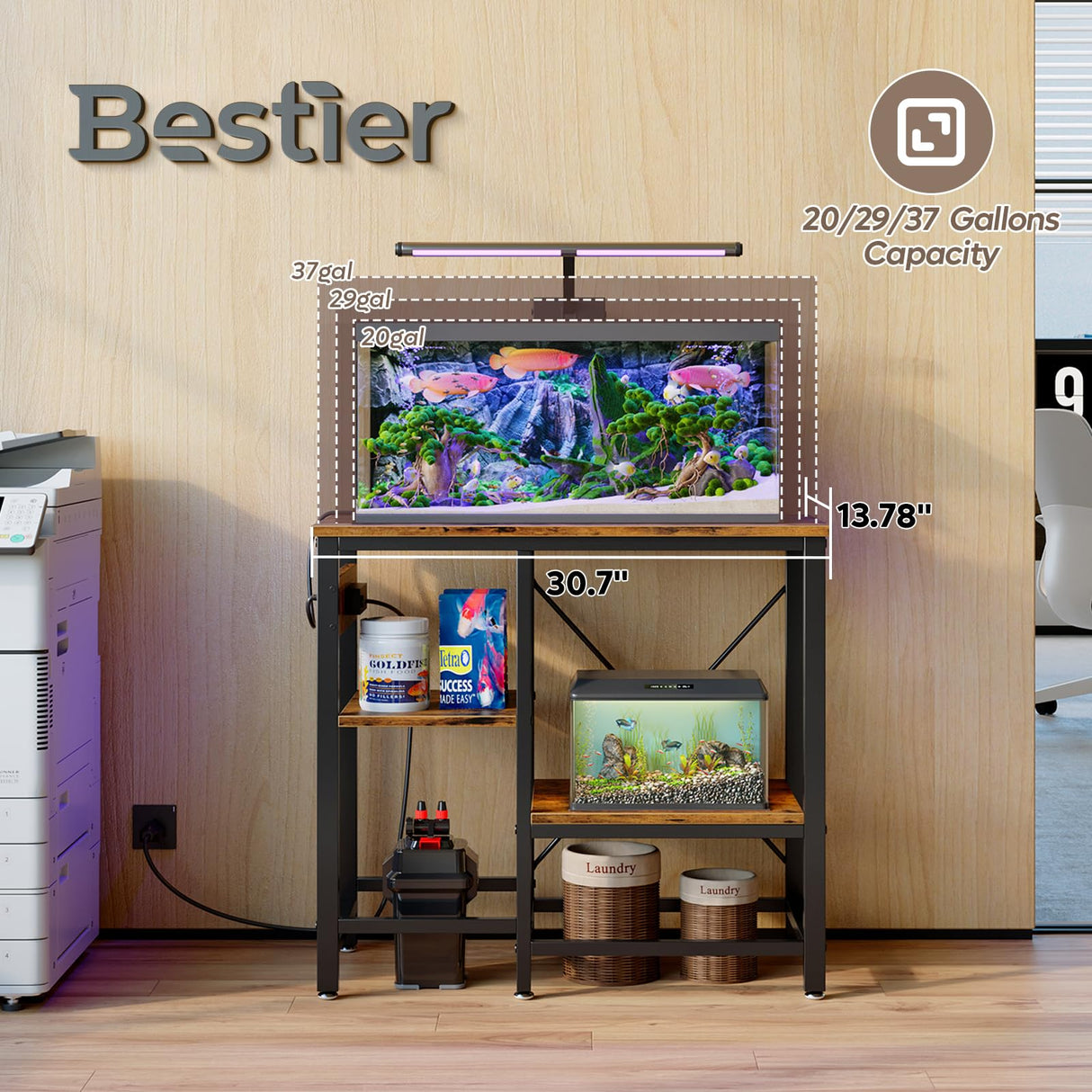 Bestier 20-29-37 Gallon Fish Tank Stand with Power Outlet, 30x13 Metal Aquarium Stand, 6-Leg Reptile Tank Stand with 3-Tier Adjustable Storage Shelves, 400LBS Capacity Bestier