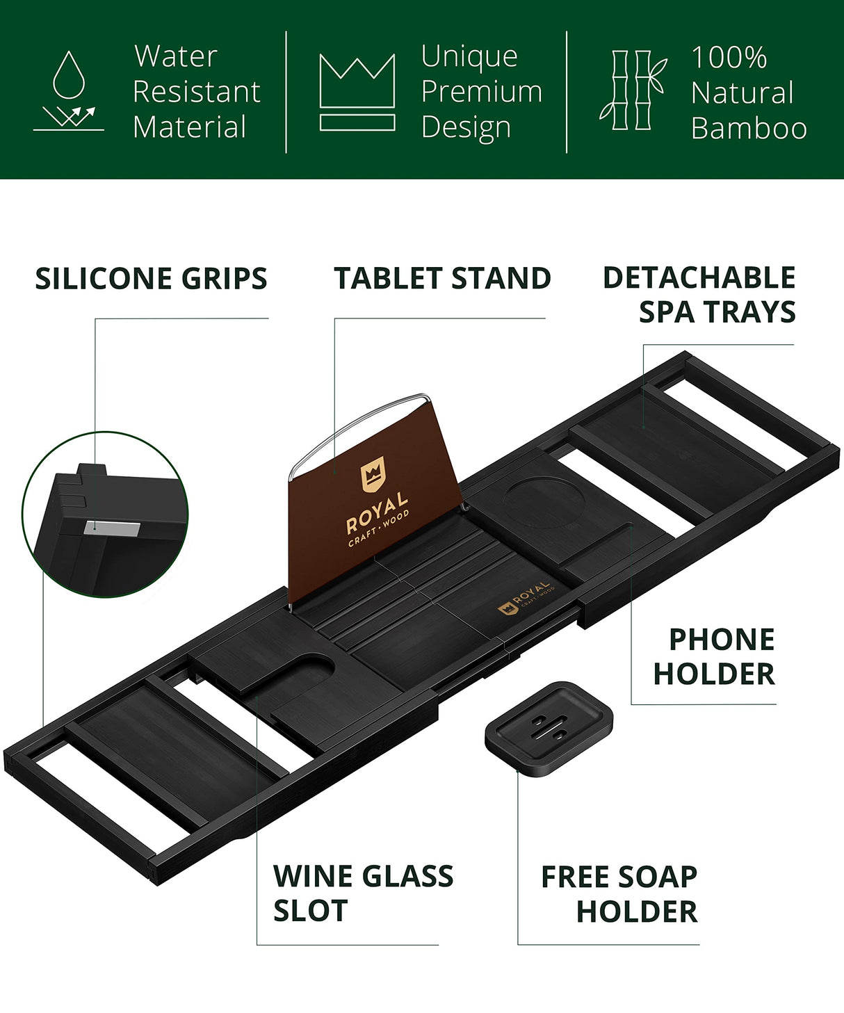 ROYAL CRAFT WOOD Premium Foldable Bathtub Tray - Wood Bath Tray for Tub, Bamboo Bathtub Shelf, Expandable Bath Table Tray, Luxury Bathtub & Bathroom Accessories for New Home & Unique Gift for Women ROYAL CRAFT WOOD