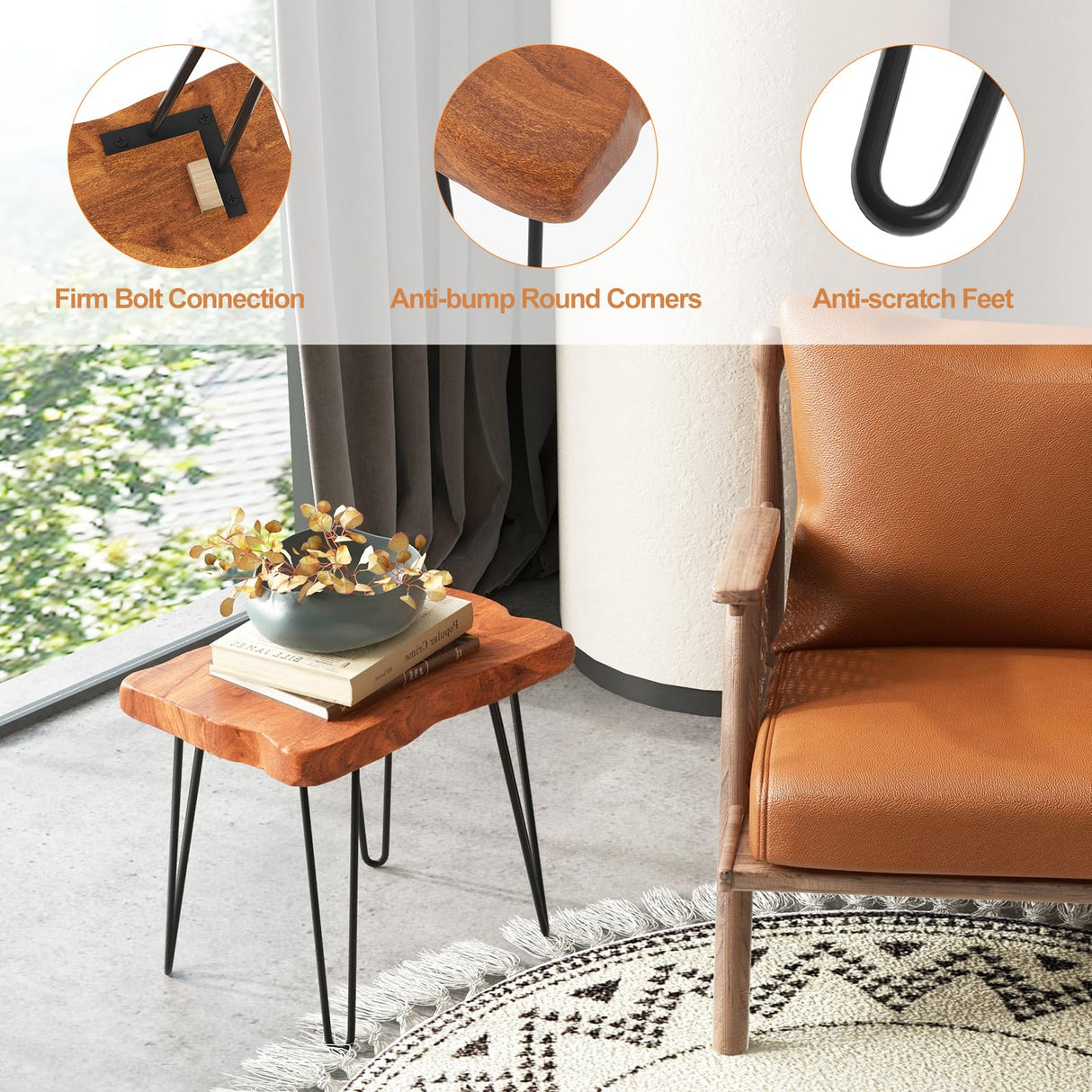 Giantex Teak Wood End Table, Solid Live Edge Outdoor Side Table w/Natural Grain & Heavy-Duty Metal Legs, Rustic Plant Stand for Living Room Patio Balcony, 20" x 14" x 18" (1, Rectangular) Giantex