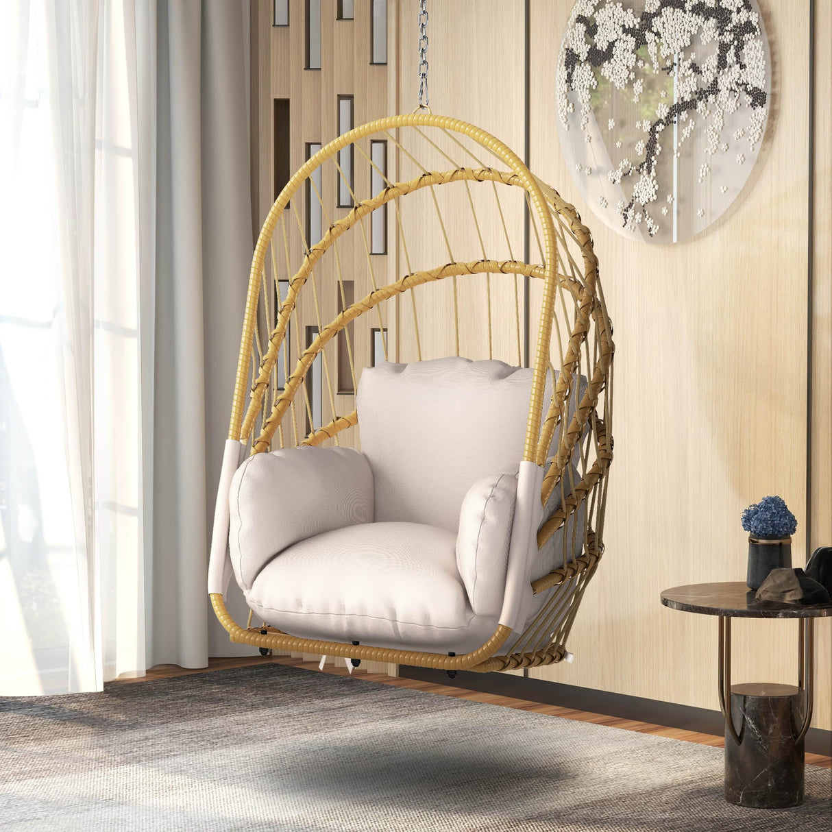 DWVO Foldable Hanging Egg Chair with Cushion, Rattan Wicker Swing Chair Without Stand, 350lbs Capacity, Indoor Outdoor Basket Seat for Balcony, Bedroom, Porch, Garden (Beige) DWVO