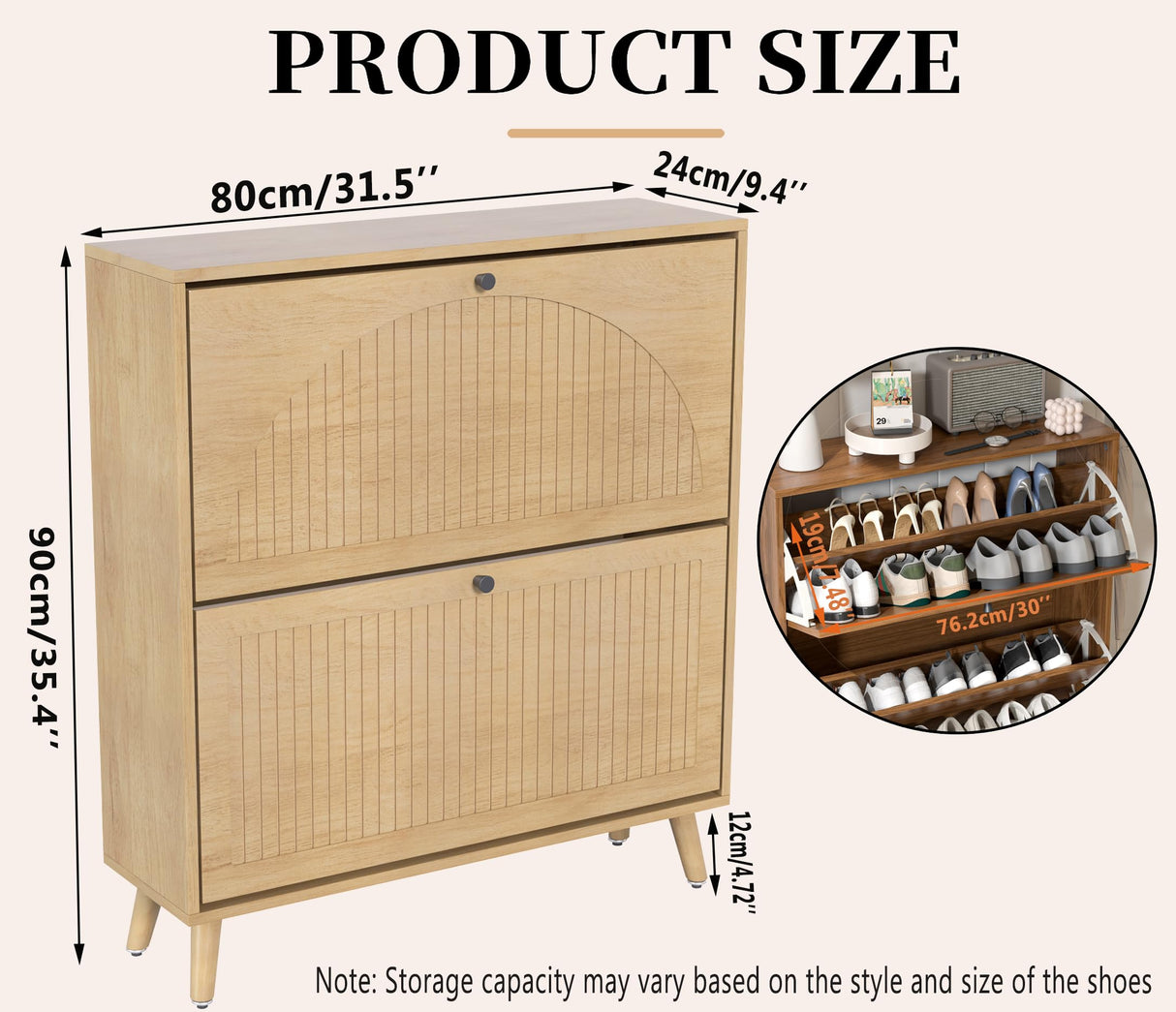 Fsbecl Shoe Storage Cabinet for Entryway with 2 Flip Drawers, Narrow Wood Shoe Cabinet with Fluted Panel, Freestanding Hidden Shoe Organizer for Foyer, Hallway (Wood Color) Fsbecl