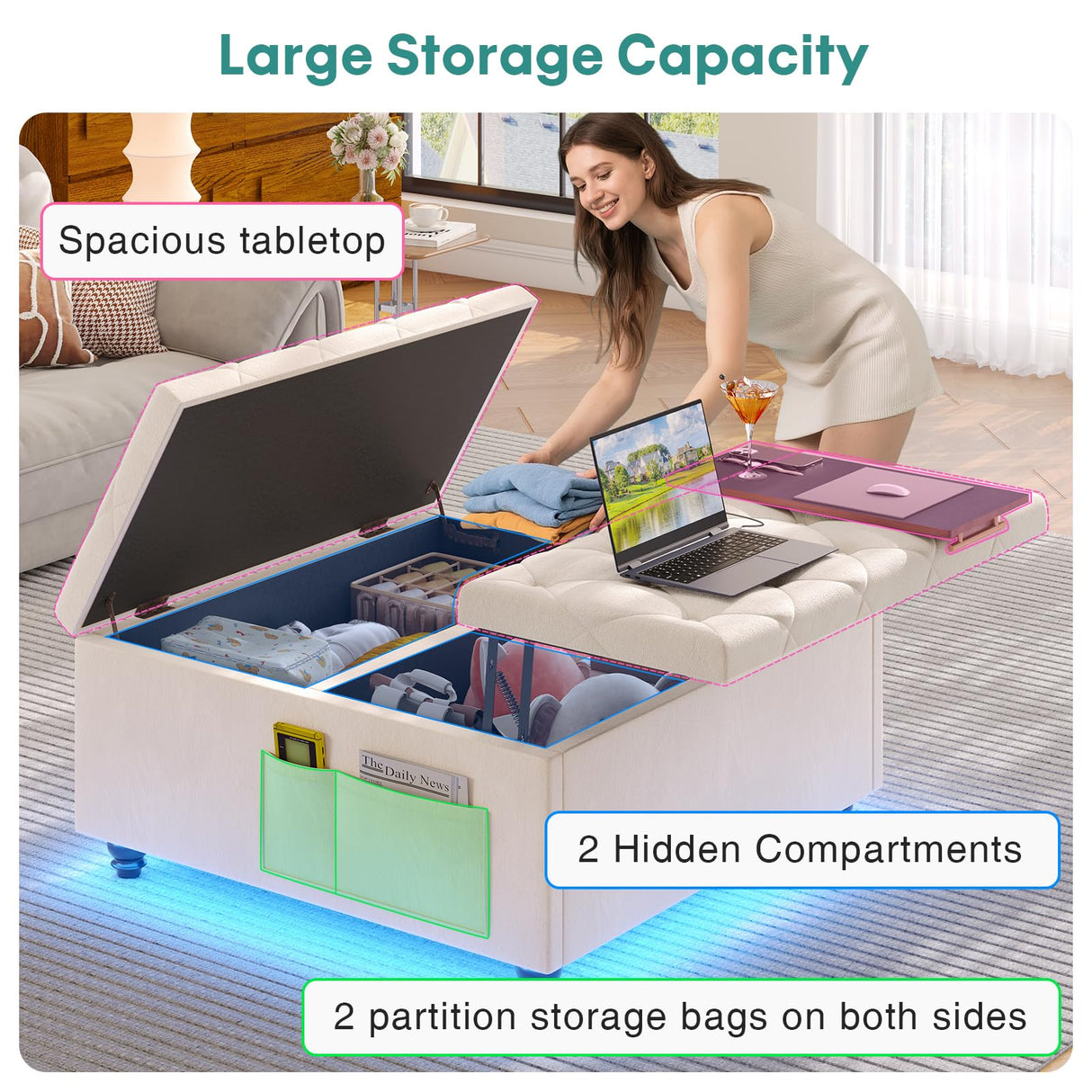 Storage Ottoman Coffee Table,Square Ottoman with Storage & Charging Station and LED Lights,Velvet Buttons Large Ottoman Coffee Table with Lift Top & Solid Wood Legs for Living Room Bedroom (Beige) busyaeh