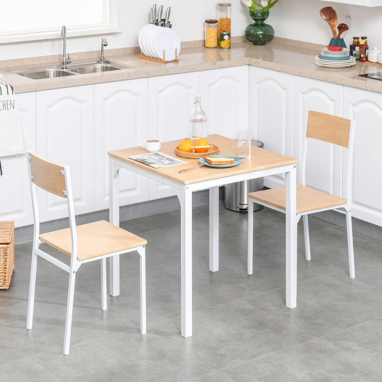 HOMCOM 3-Piece Wooden Square Dining Table Set with 1 Table and 2 Chairs and Sturdy Metal Frame for Small Space, White HOMCOM