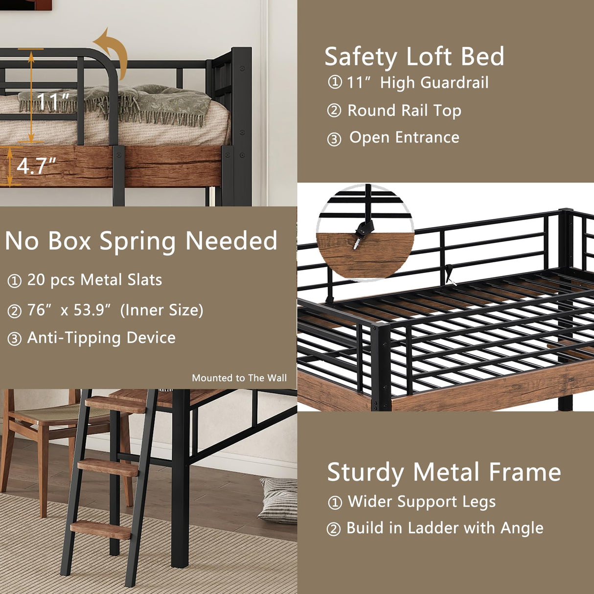 Full Size Loft Bed with Desk and Storage Shelf, Metal Loft Bed Full Size with Buil in Ladder and Full Length Guardrail, Full Size Loft Bed for Kids, Teens, Black Loft Bed Full Bellemave