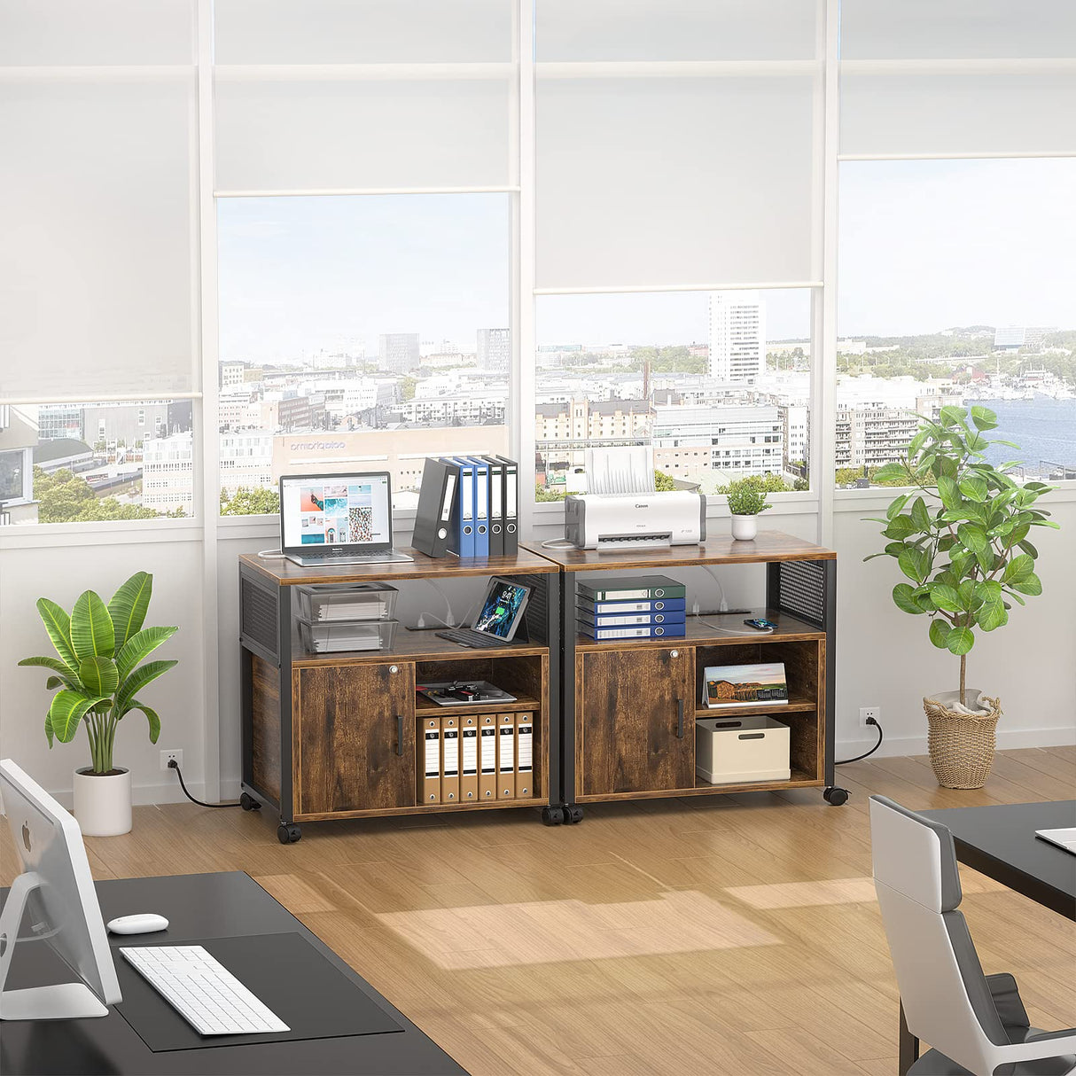 Unikito Lateral File Cabinet, Locking Office Filing Cabinets with Socket and USB Charging Port, Modern Rolling Printer Stand with Storage for A4, Letter Size and File Folders, Rustic Brown Unikito