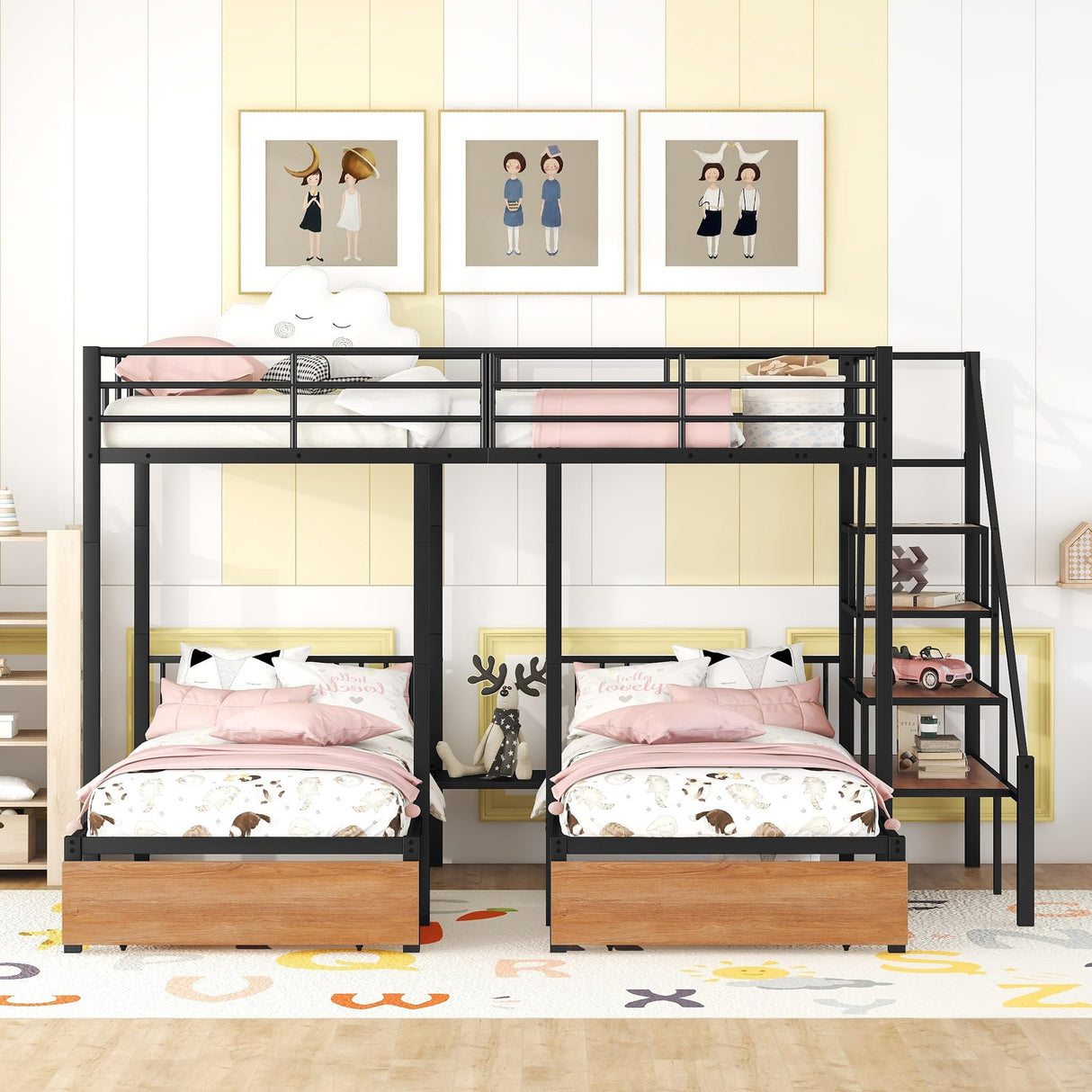 Bellemave Full Over Twin-Twin Triple bunk Bed with Drawers and Staircase Detachable Bunk Bed Can be Divided Into Three Beds, Triple bunk beds for Kids, Teens, Adult.(Black) Bellemave