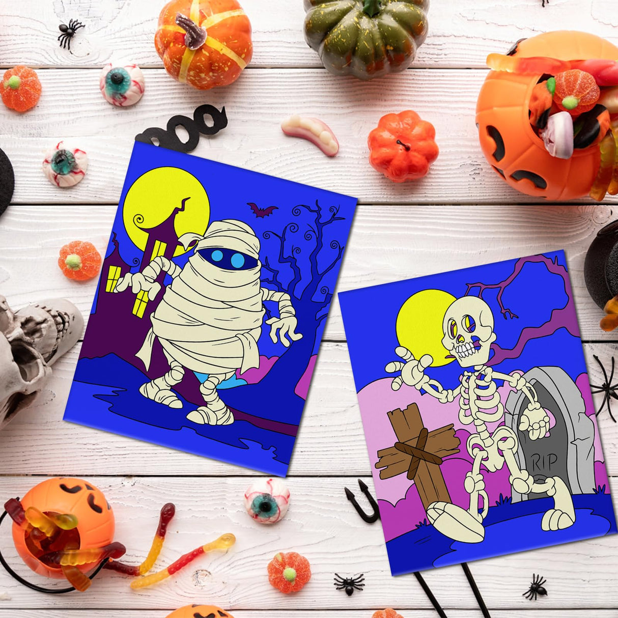 6 Packs Halloween Pre Drawn Stretched Canvas Paint by Numbers Kit with Framed Canvas brushes acrylic paint Halloween DIY Acrylic Landscape Oil Painting Arts Crafts for Beginners, Students, Party Favor Yizeda