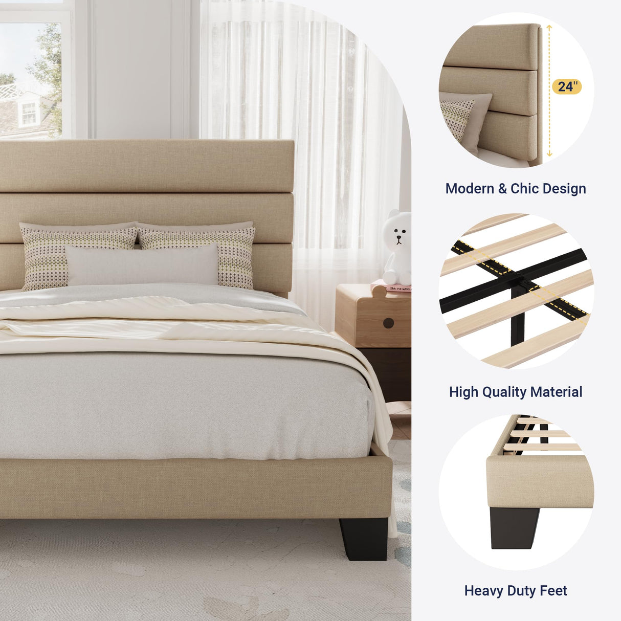 Allewie Twin Size Platform Bed Frame with Fabric Upholstered Headboard and Wooden Slats Support, Fully Upholstered Mattress Foundation/No Box Spring Needed/Easy Assembly, Beige Allewie