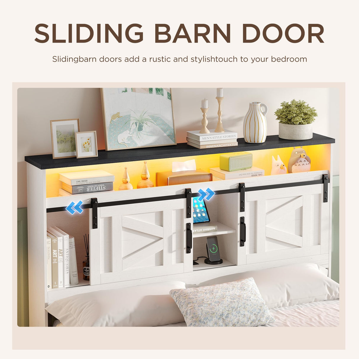 Maupvit Farmhouse Full Size Bed Frame with 4 Drawers and Bookcase Headboard, Sliding Barn Door Storage Shelves, Charging Station,LED Light Metal Platform Bed Frame No Box Spring Needed, White Door K Maupvit