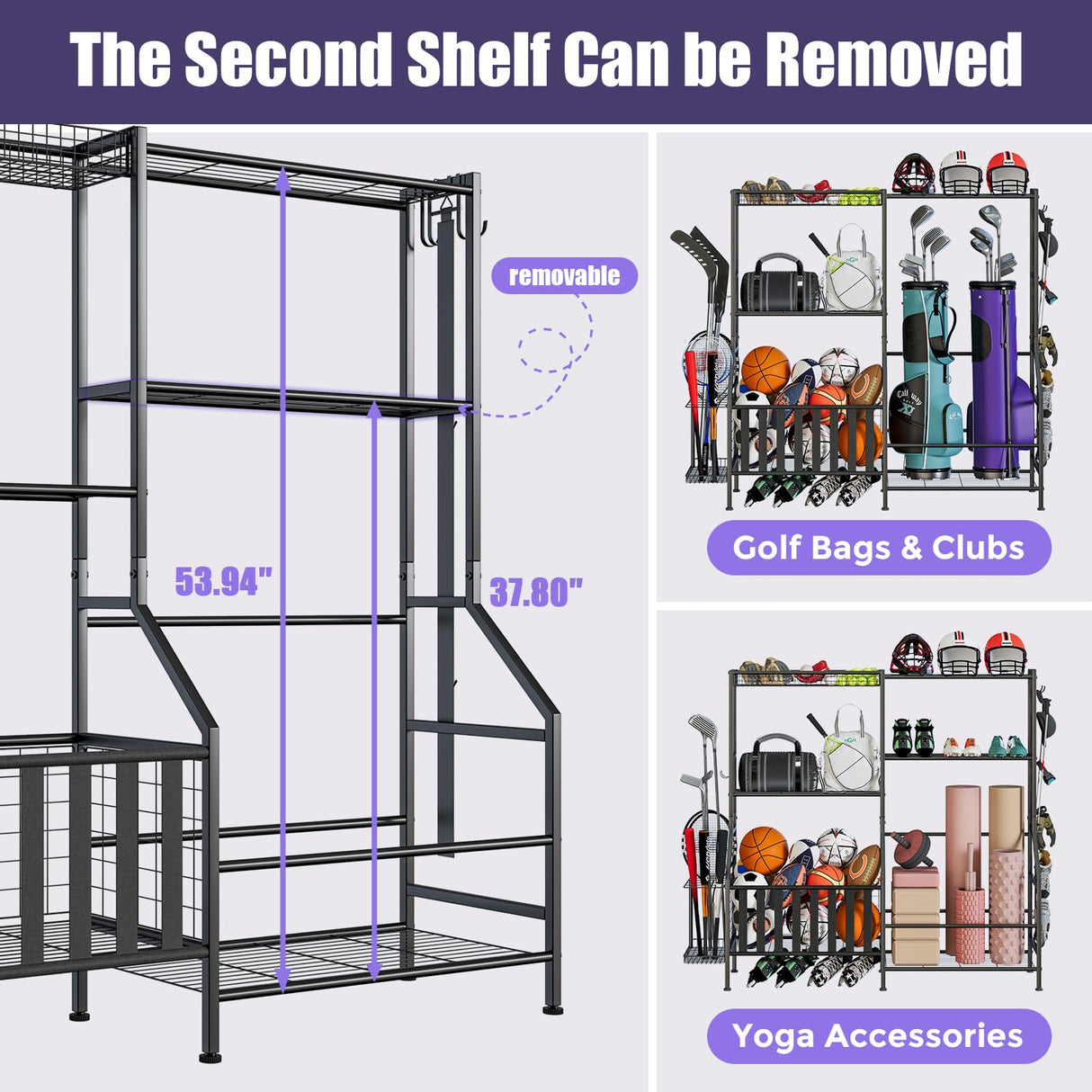 JIRTEMOT Sports Equipment Organizer, Heavy Duty Golf Bags Stand, Extra Large Ball Storage Rack for Garage, Sports Gear Storage with Basket and Hooks, Black JIRTEMOT