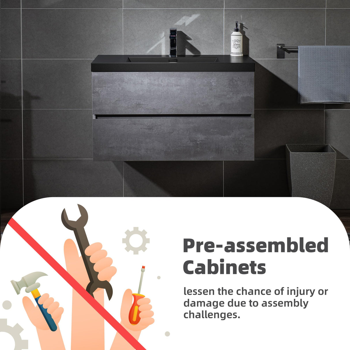 WOODBRIDGE 36 in. W x 19 in. D Wall Mounted Floating Bathroom Vanity in Gray with Quartz Sand Composite Vanity Top in Matte Black WOODBRIDGE