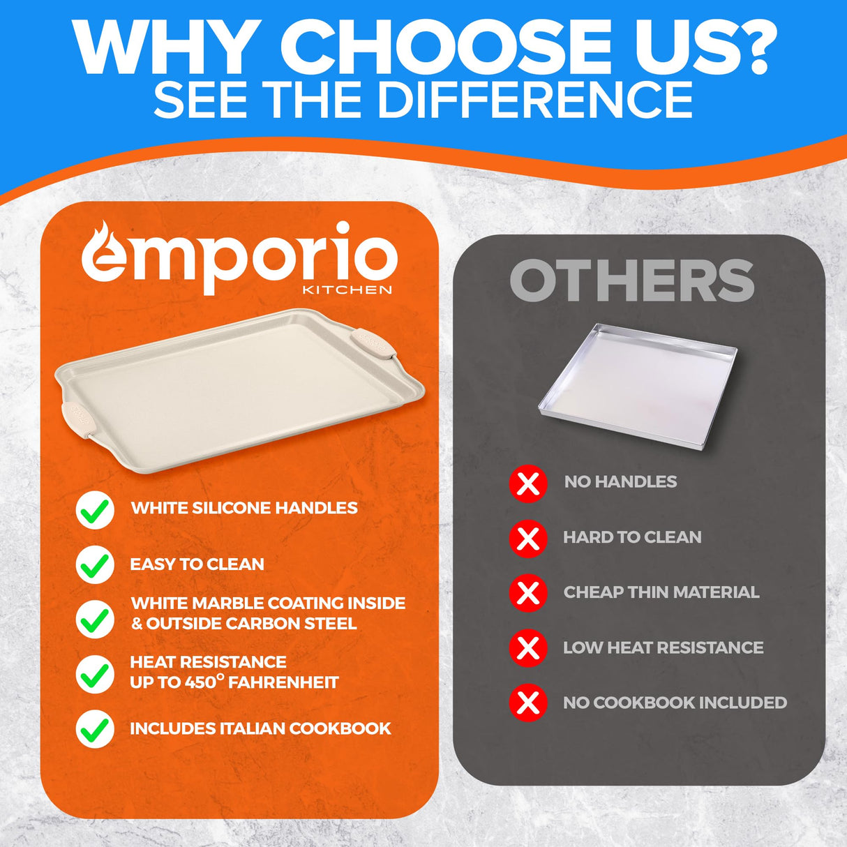 Emporio Kitchen Baking Pan Set - Nonstick Coating, Carbon Steel Bakeware Set with White Silicone Handle, PFOA, PFOS, PTFE Free, Recipe Booklet Included, Oven Safe Tray (Up To 450° F) Set of 25 - White Emporio Kitchen