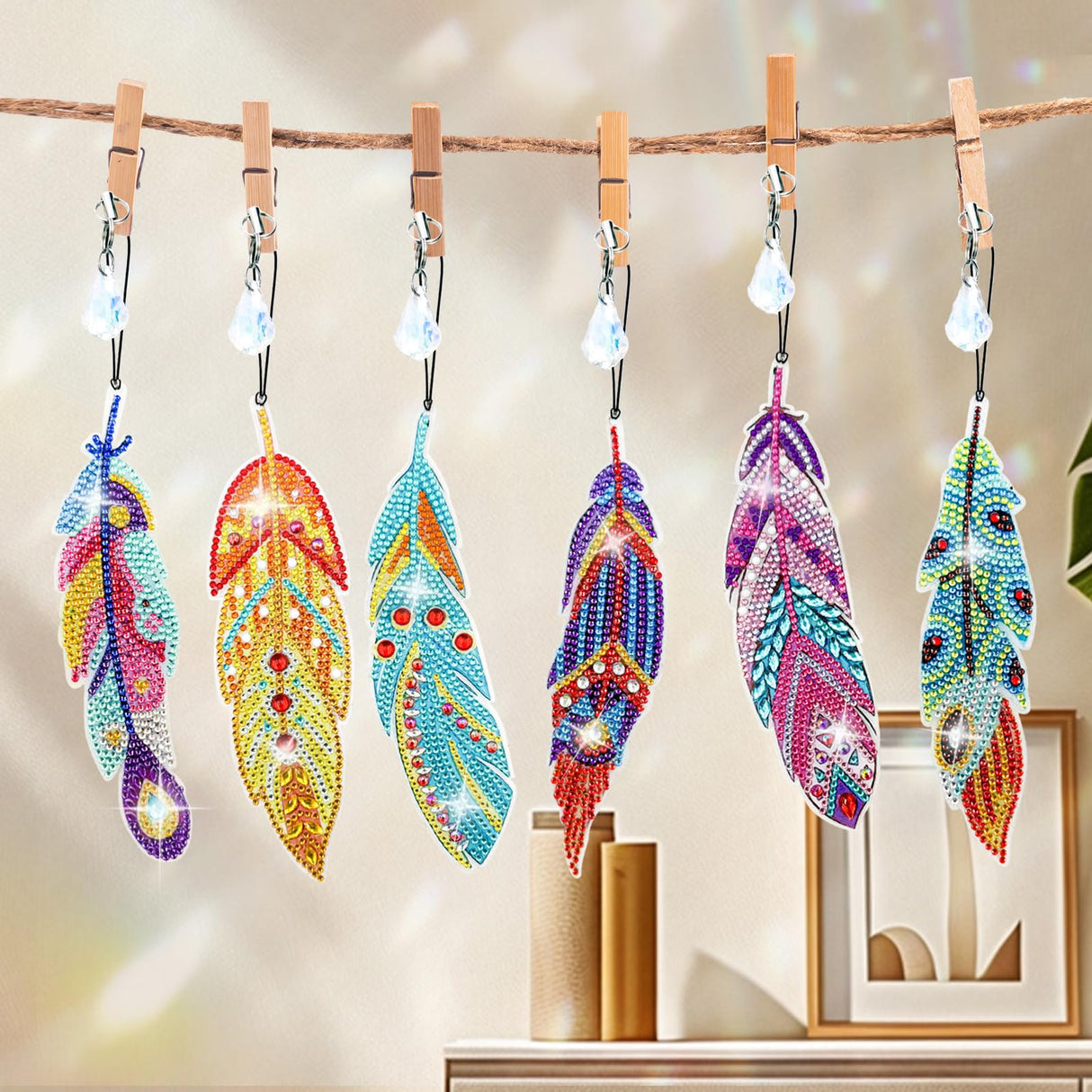 LINGFANG 12 Pcs Diamond Painting Bookmark, Crystal DIY Book Makers for Book Lovers, Diamond Art Beginners, Small Diamond Art Kits with Pendant, Paint by Art Crafts Gift for Women Girls (Feather) LINGFANG