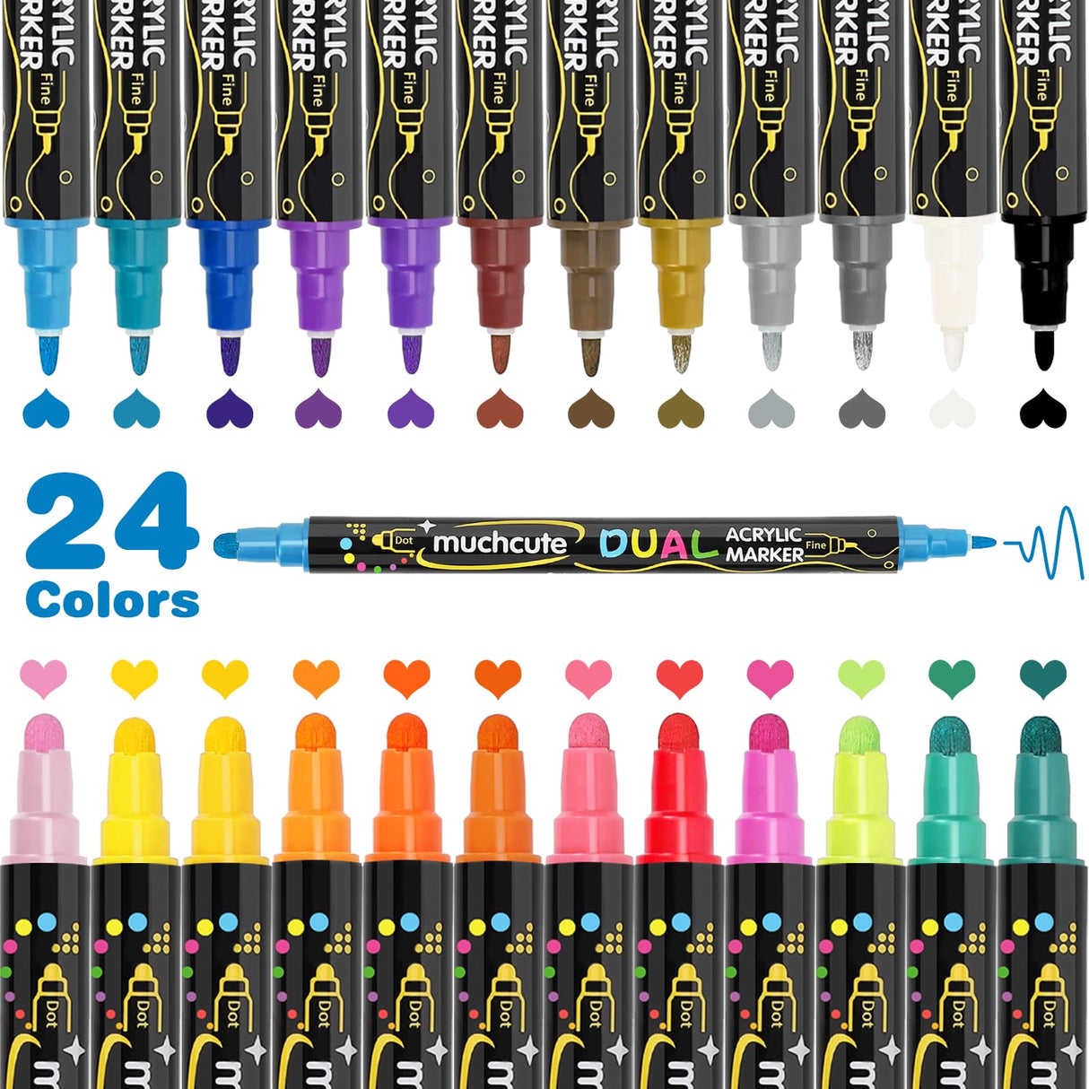 Acrylic Paint Pens Acrylic Paint Markers Set: 24 Dual Tip Acrylic Markers Wood Rock Painting Kit Wine Glass Fabric Permanent Clothes Plastic Canvas Ceramic Scrapbook Fine Gel Arts Crafts Supplies Kids Muchcute