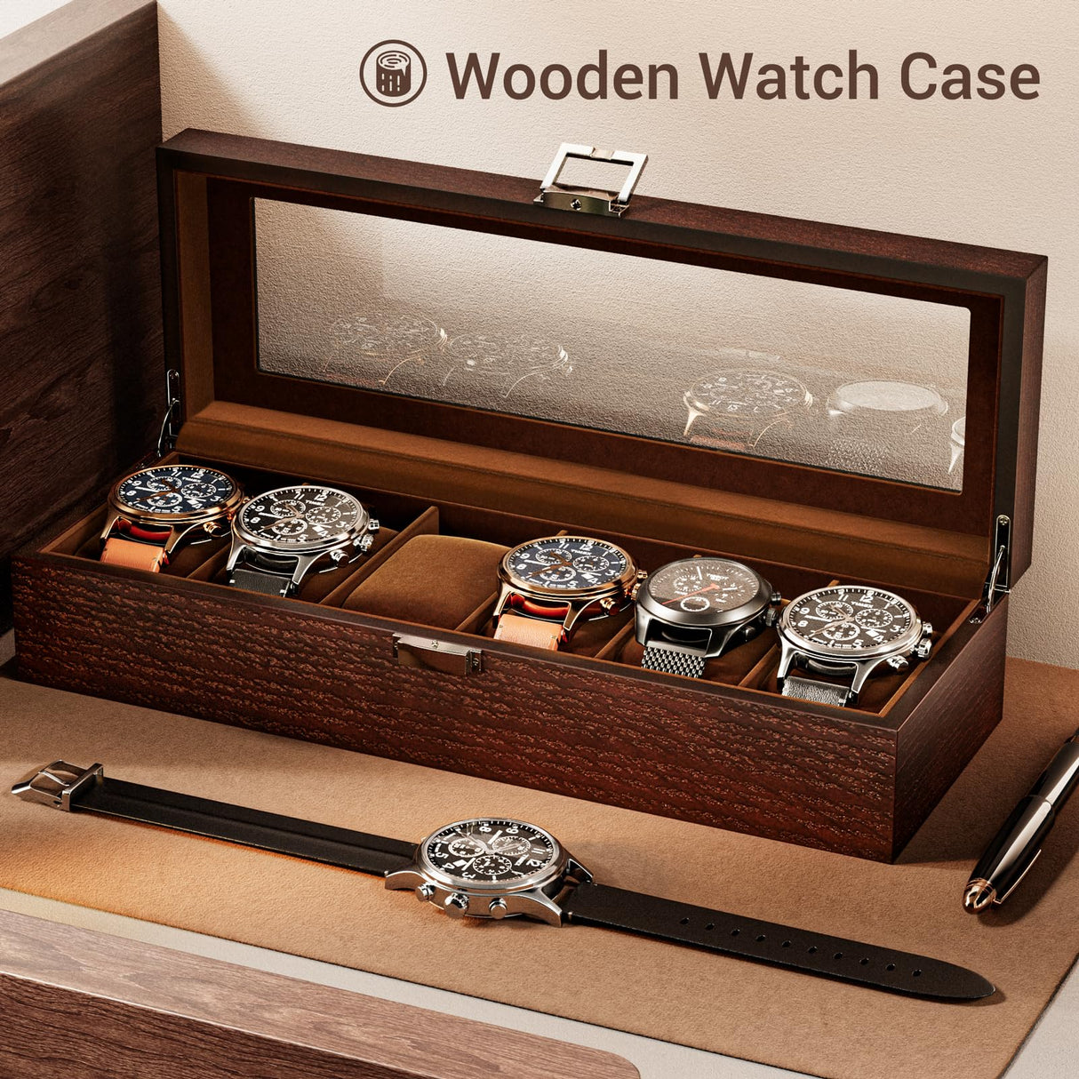 ProCase Wooden Watch Box for Men, 6 Slot Watch Display Case Mens Watch Box Organizer, Wood Watch Case for Men Watch Storage, Watch Holder Organizer with Glass Lid -6 Slot, Espresso ProCase
