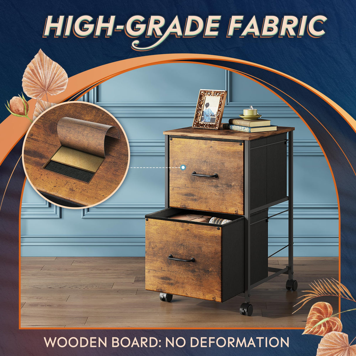 DEVAISE 2 Drawer Mobile File Cabinet, Rolling Printer Stand, Fabric Vertical Filing Cabinet fits A4 or Letter Size for Home Office, Rustic Brown Wood Grain Print DEVAISE