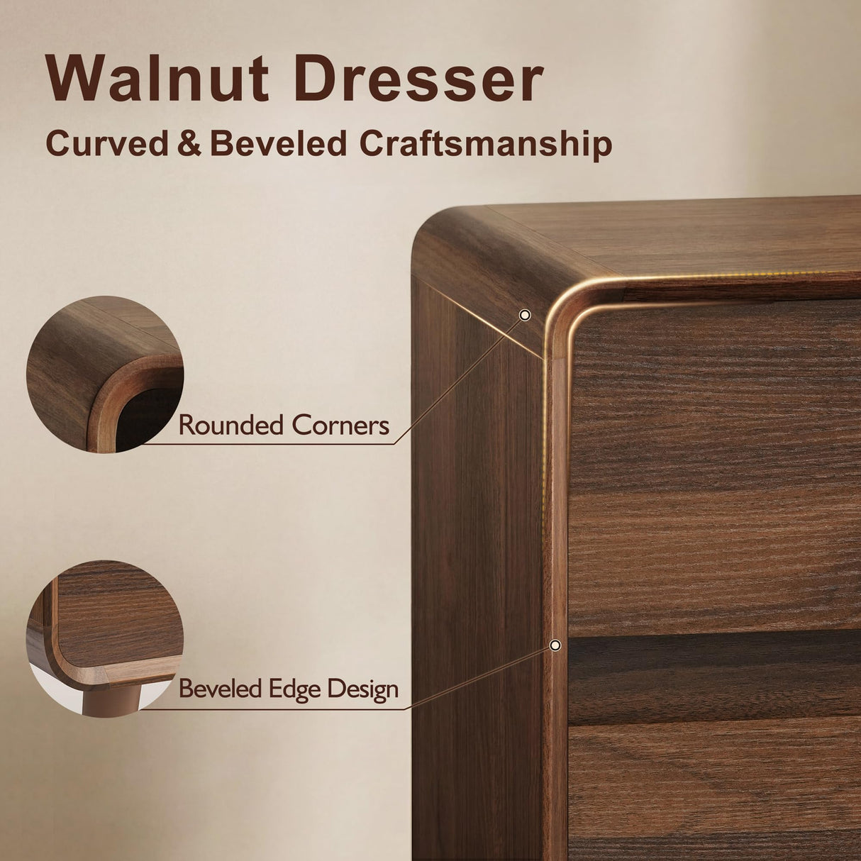 Nasonet 6 Drawer Dresser for Bedroom, Mid Century Modern Dressers & Chests of Drawers, Wood Storage Drawer Dressers for Hallway, Entryway, Walnut Nasonet