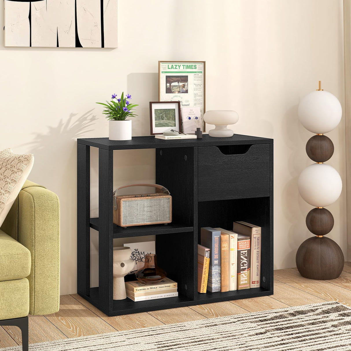 Giantex 3 Cube Bookcase with Drawer, 2 Tier Bookshelf for Small Spaces, Modern Freestanding Display Rack with Open Shelves, Book Case, Wood Cube Storage Organizer Bedroom Living Room, Black Giantex
