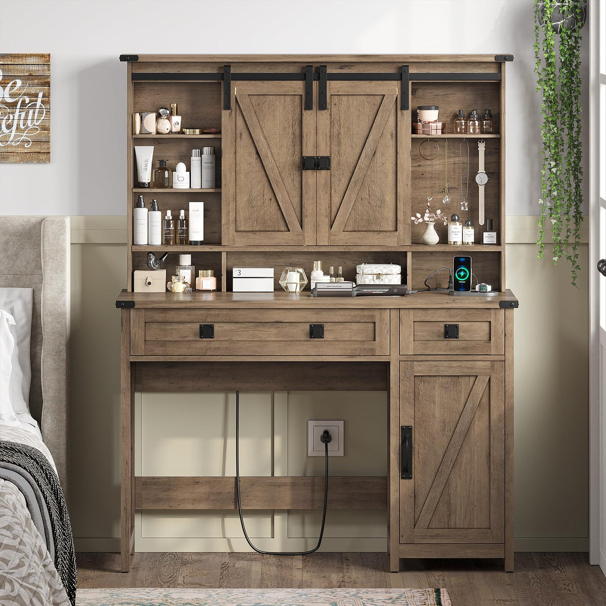 AOGLLATI Makeup Vanity with Lights & Barn Doors, Vanity Desk with Mirror and Lights & Charging Station, Farmhouse Brown Vanity Table with Jewelry Hooks and Open Storage Shelves AOGLLATI