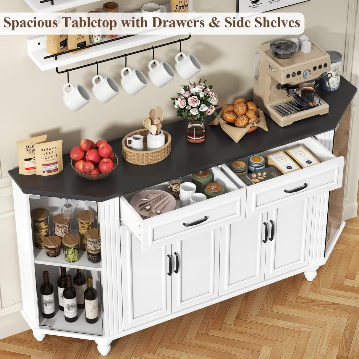 Gyfimoie Buffet Cabinet with Storage, Farmhouse Kitchen Sideboard Cabinet with Solid Wood Legs Coffee Bar Storage with Glass Door Side Shelves for Kitchen, Dining Room, Entryway Gyfimoie