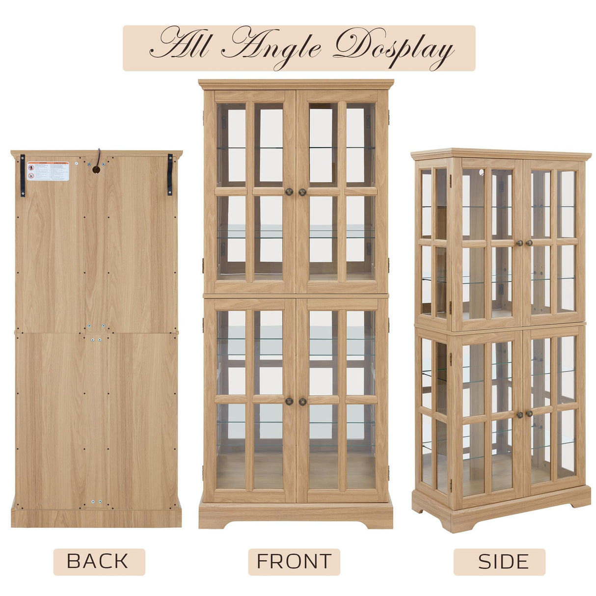 Eyisean Lighted Display Curio Cabinet 69" H China Cabinet with 4 Glass Doors, 6 Shelves, Freestanding Glass Display Cage Wine Cabinet Storage Rack for Bar and Liquor Storage (Oak) Eyisean