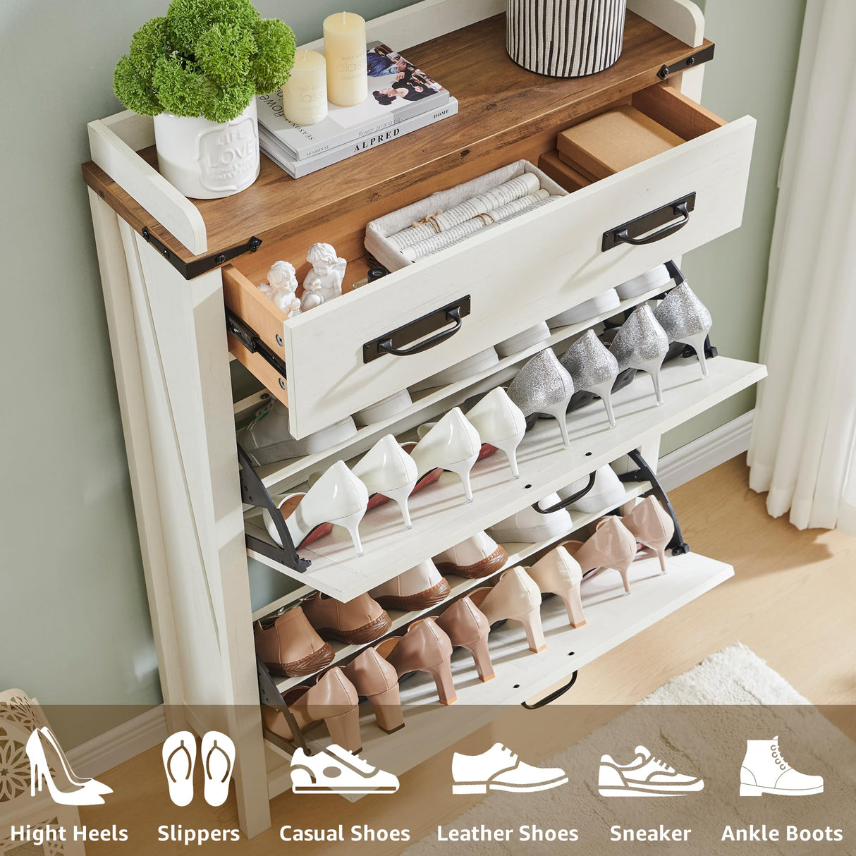 OKD Shoe Storage Cabinet with 2 Flip Drawers, Farmhouse Entryway Shoe Organizer with Drawer, Freestanding Rustic Hidden Shoe Rack Cabinet for Entryway, Antique White OKD