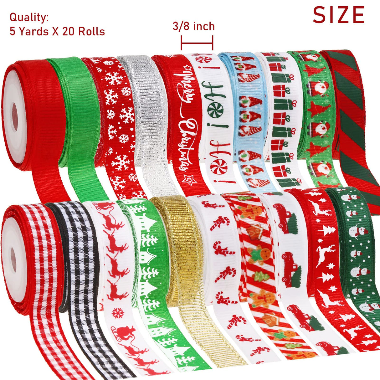 Christmas Ribbon 3/8 Inch,20 Rolls 100 Yards Christmas Grosgrain Ribbon,Christmas Ribbon for Gift Wrapping Crafts DIY Holiday Xmas Decorations Vloso