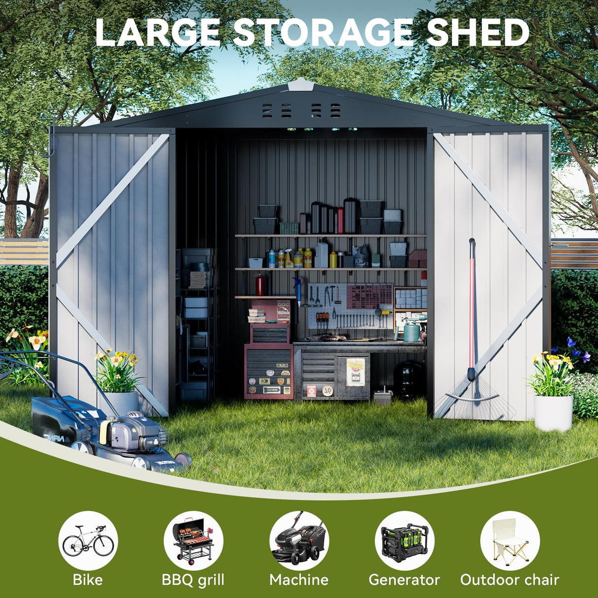 COMHOMA Shed Outdoor Storage Shed Metal,Lockable Doors Tool Sheds with Sloping Roof,Steel Garden Shed with Air Vent for Backyard,Patio,Lawn,Poolside (Grey, 8'*6') COMHOMA