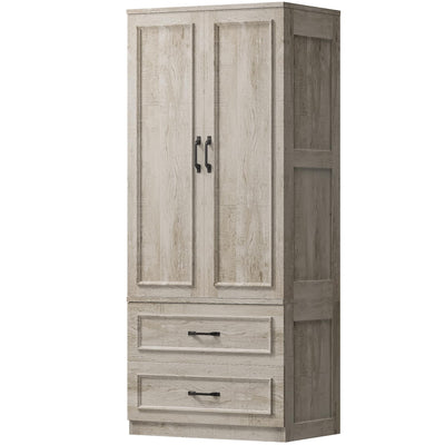 LIKIMIO Armoire Wardrobe Closet with 2 Doors and 2 Drawers 70" H x 28" W Wooden Bedroom Freestanding Wardrobe Combination for Hanging Clothes, Rustic Maple