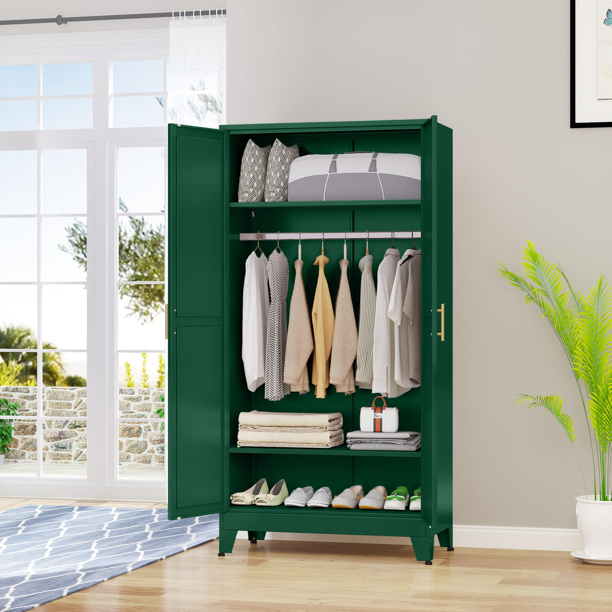 RISTERN Metal Armoire Wardrobe Closet with Hanging Rod, Clothing Storage Cabinet with Adjustable Shelves for Laundry Room, Bedroom, Home Office, Bathroom, 71" Green RISTERN