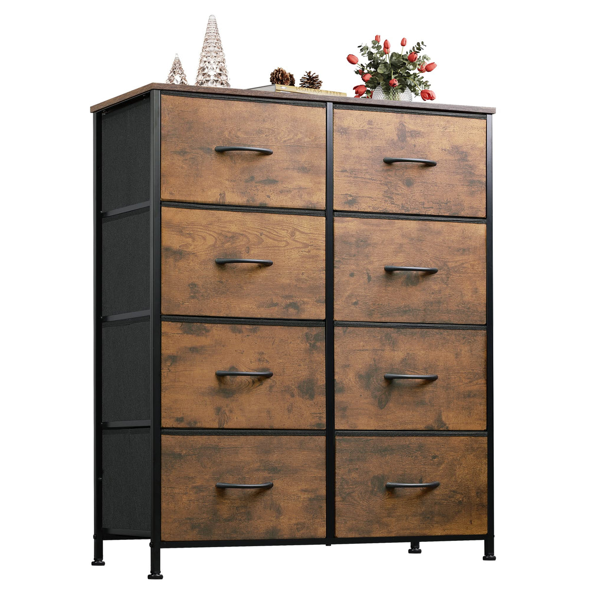 WLIVE Tall Fabric Dresser with 8 Drawers, Storage Tower with Fabric Bins, Double Dresser, Chest of Drawers for Closet, Bedroom, Living Room, Hallway, Dorm, Rustic Brown Wood Grain Print WLIVE