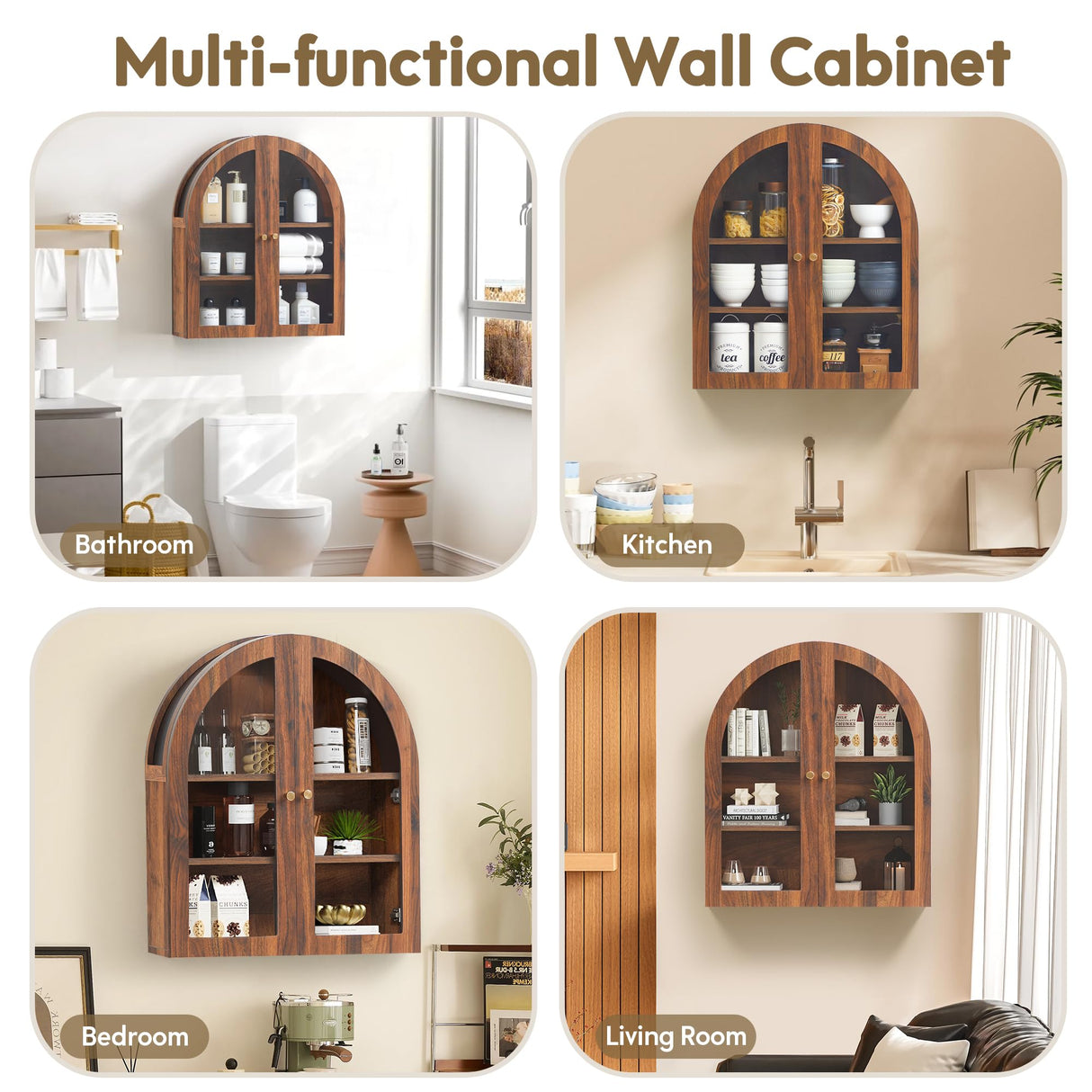 YUCHIATH Wall Bathroom Cabinet with Glass Doors, Wood Medicine Cabinet with Adjustable Shelf, Arched Hanging Cabinet for Bathroom, Livingroom, Kitchen (Walnut) YUCHIATH
