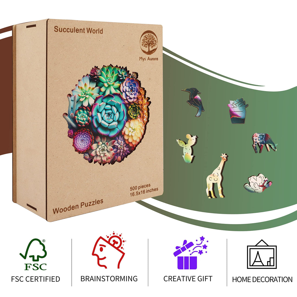 Mys Aurora Puzzles for Adults 1000 Pieces, Mandala Succulent Plants Wooden Puzzles Unique Shaped Jigsaw Challenging Puzzle Gift for Family Game 23.4'' x 22.6'' Mys Aurora