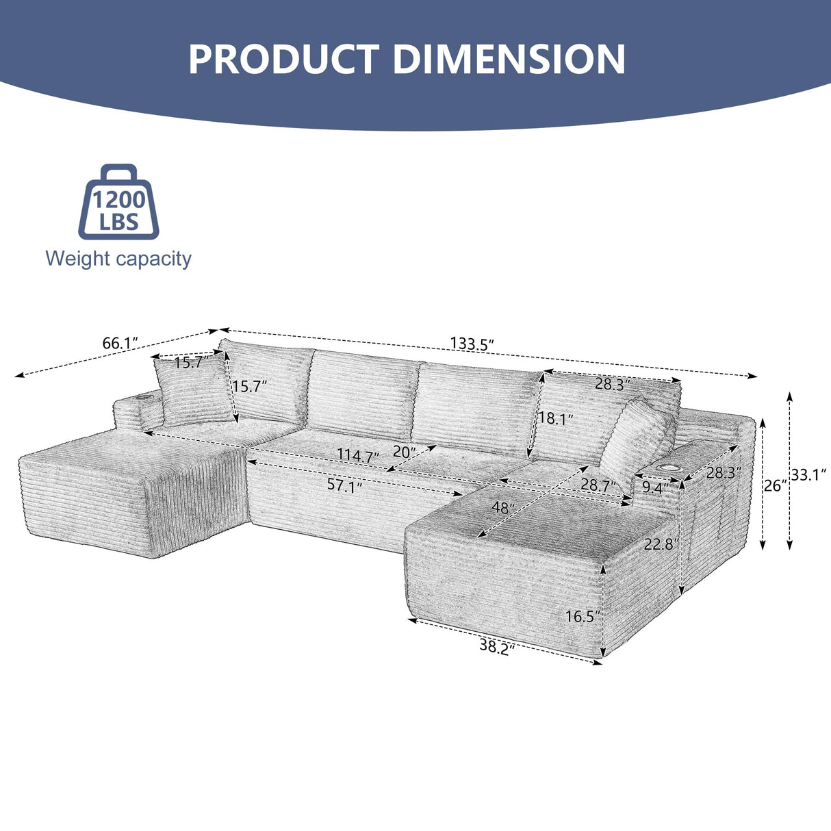 GNIXUU 133.5" Black Corduroy Boneless Sectional Couches for Living Room, Oversized Memory Foam U Shaped Cloud Modular Sectional Sofa with Deep Seat, Cup Holders & Storage Pocket, No Assembly Required GNIXUU