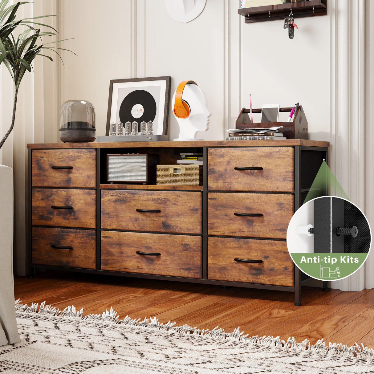 EnHomee Dresser for Bedroom with Power Outlets, 55" TV Stand Dresser with 8 Drawers, Fabric Dressers & Chest of Drawers for Living Room, Entryway, Rustic Brown EnHomee