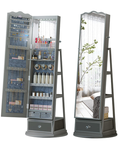 TAGELIER Full-Length Mirror Jewelry Cabinet Standing, 360° Swivel Jewelry Armoire with Mirror and LED Lights, Built in Mirror Standing Mirror with Storage - Large Capacity Shelves & Drawer, Gray