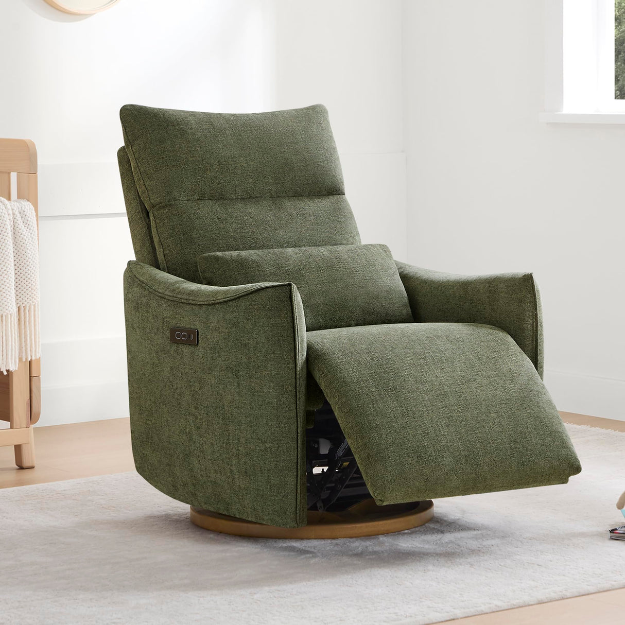 CHITA Swivel Rocker Recliner Chair, Power Nursery Glider Recliner, Nursery Rocking Chair with Adjustable Power Headrest, FSC Certified, Solid Wood Base, Moss Green CHITA