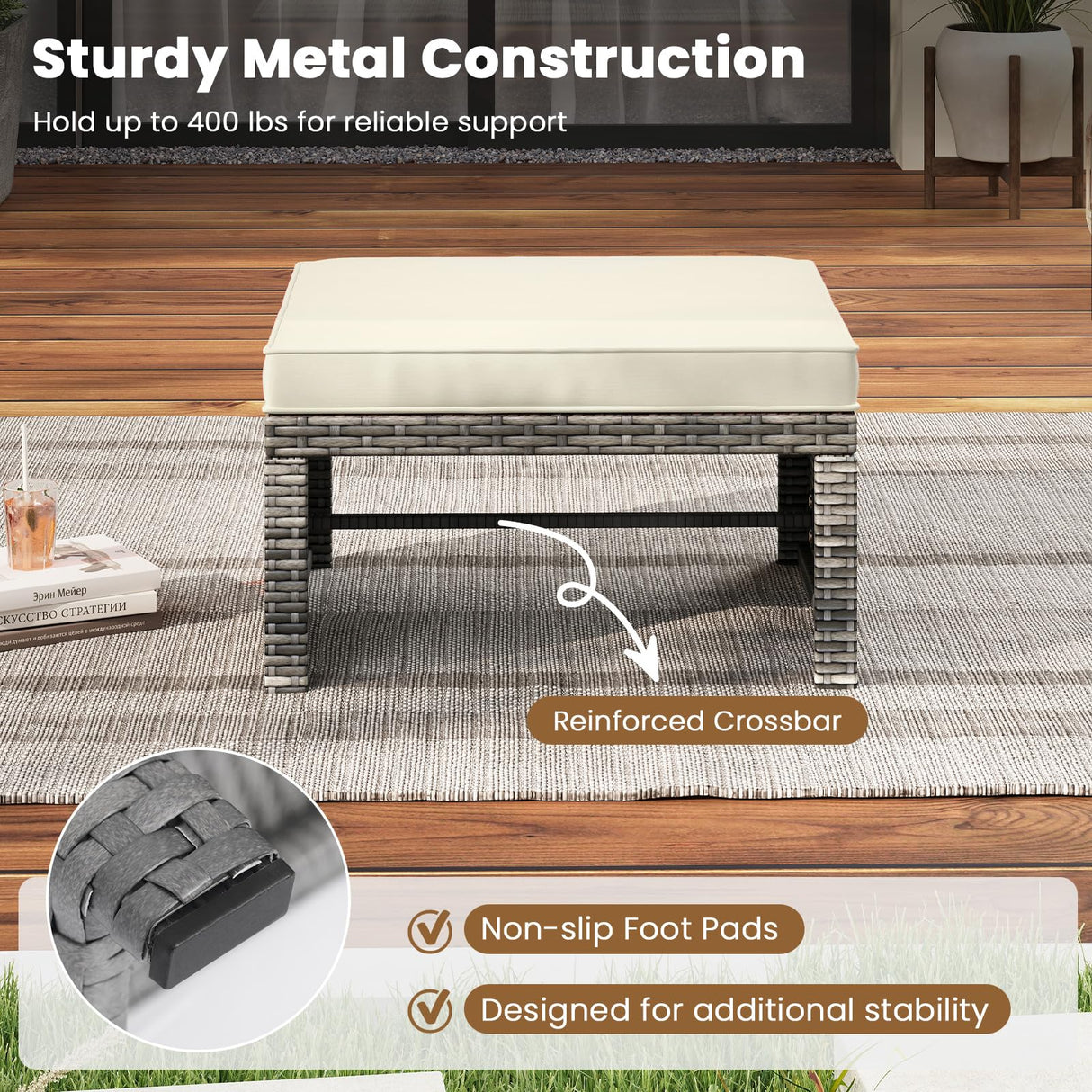 RELAX4LIFE Wicker Outdoor Ottoman Set of 2 - Rattan Footstools Foot Rest w/Removable Cushions, Multipurpose Side Table & Additional Seating, Outdoor Ottomans for Patio Garden Porch (Grey-Off White) RELAX4LIFE