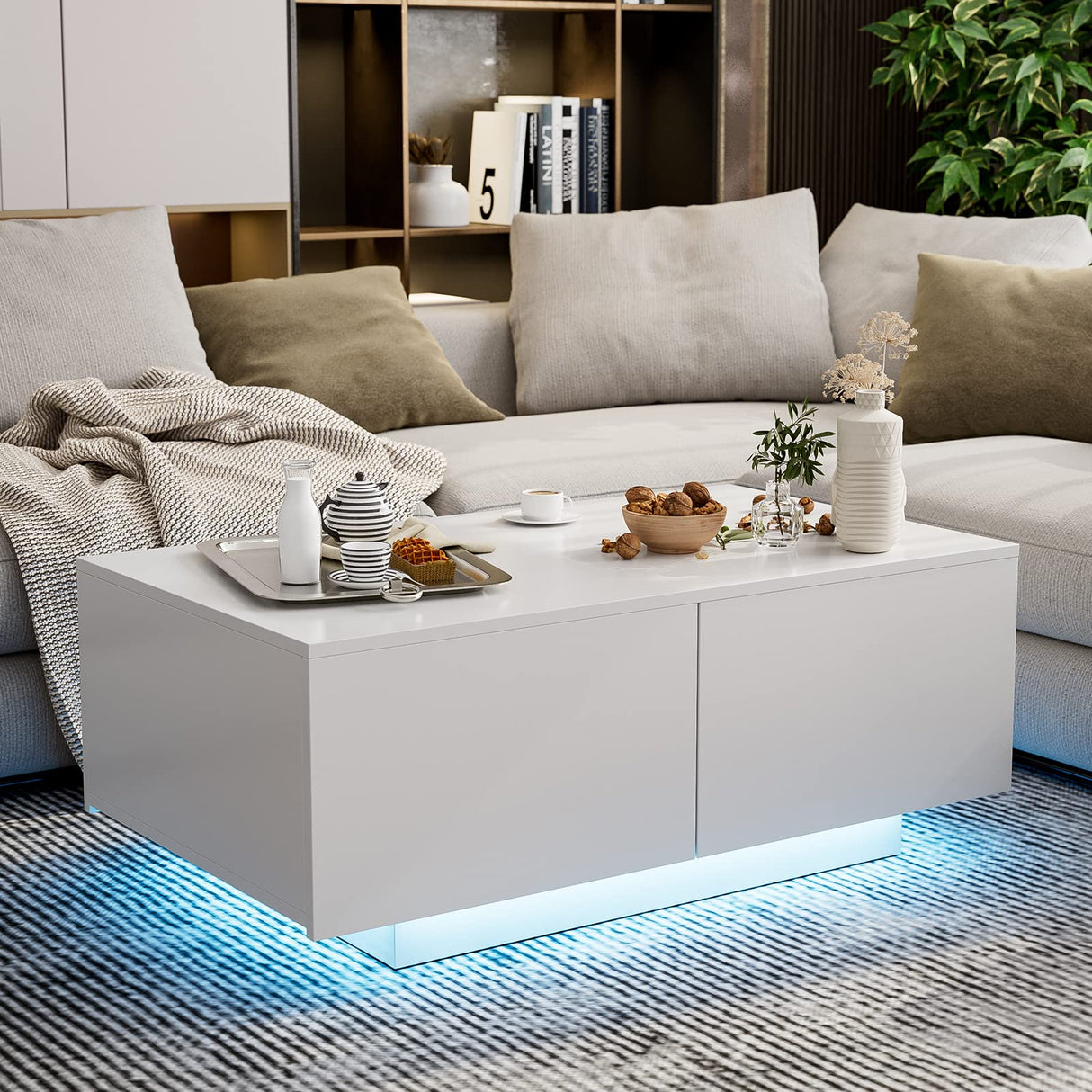 IKIFLY Modern White LED Coffee Table w/4 Drawers, High Glossy Center Table with 16 Colors LED Lights for Home Living Room IKIFLY