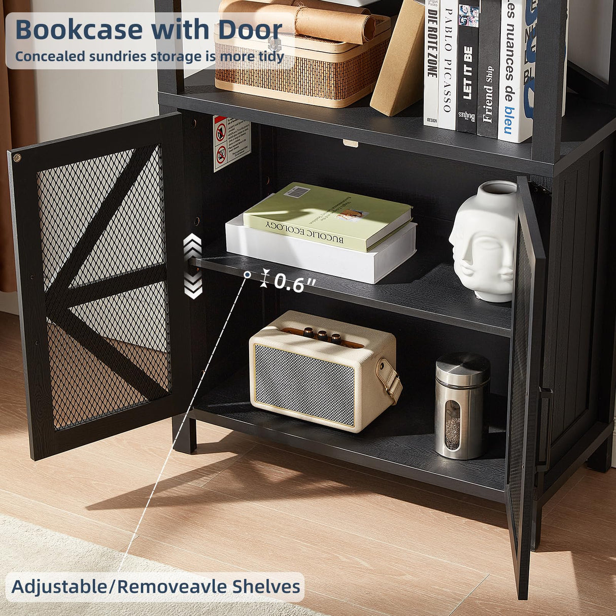 Joaxswe 5 Tier Bookshelf 70" Tall Bookcase with Barn Doors,Large Farmhouse Display Book Shelf with Adjustable Shelves and Storage Cabinet, Wood Bookshelves for Living Room,Kitchen,Antique Black(2PCS) Joaxswe