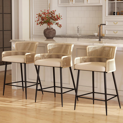 HNY Farmhouse Woven Bar Stools Set of 3, 26 Inch Linen Upholstered Rattan Barstools with Curved Backs, Modern Cane Counter Height Bar Chairs with Metal Legs and Armrest for Kitchen Island, Beige