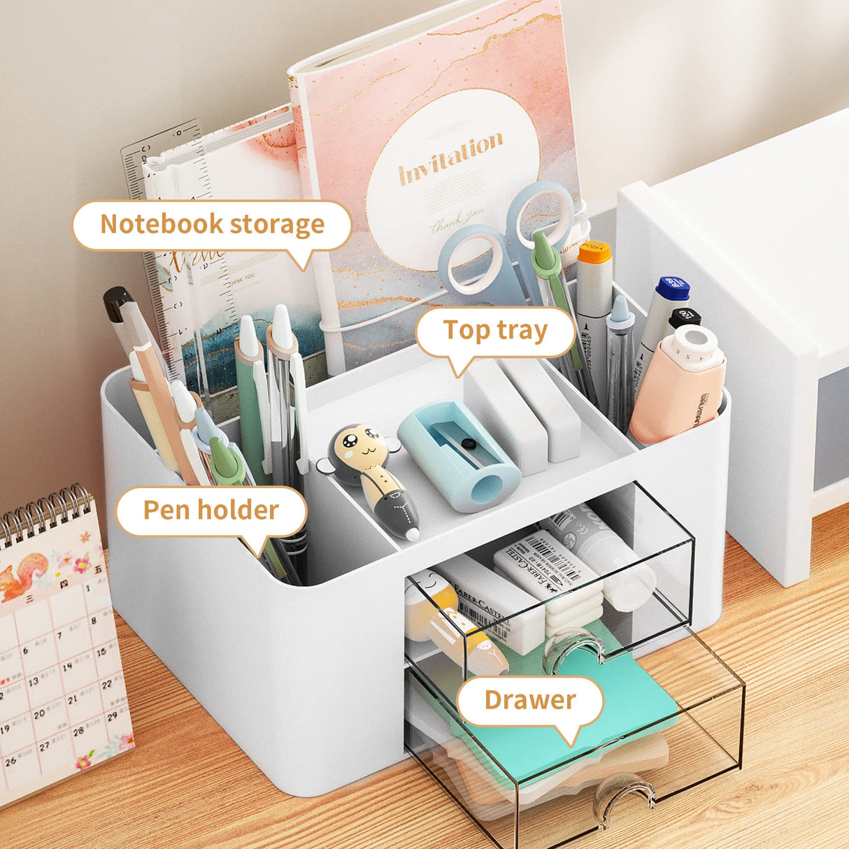 Marbrasse Pen Organizer with 2 Drawer, Multi-Functional Pencil Holder for Desk, Desk Organizers and Accessories with 5 Compartments + Drawer for Office Art Supplies (White) Marbrasse