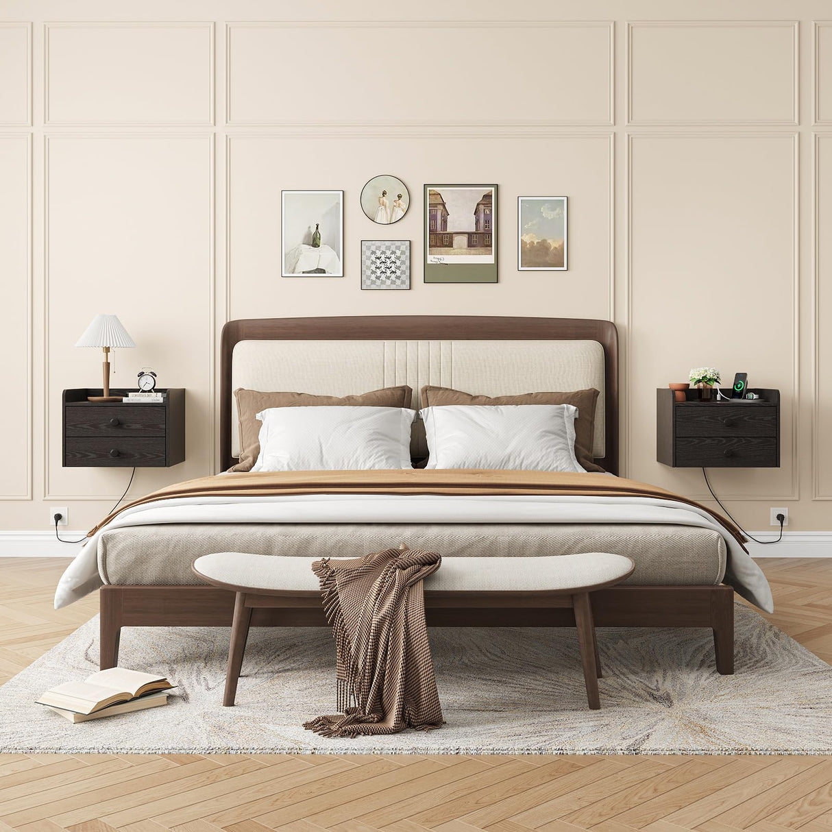 Vabches Floating Nightstand Set of 2 with 2 Storage Drawers and Charging Station Wood Wall Mounted Bedside End Table Modern Night Stands Set 2 for Bedroom,Living Room,Home Office,Small Space,Black Vabches