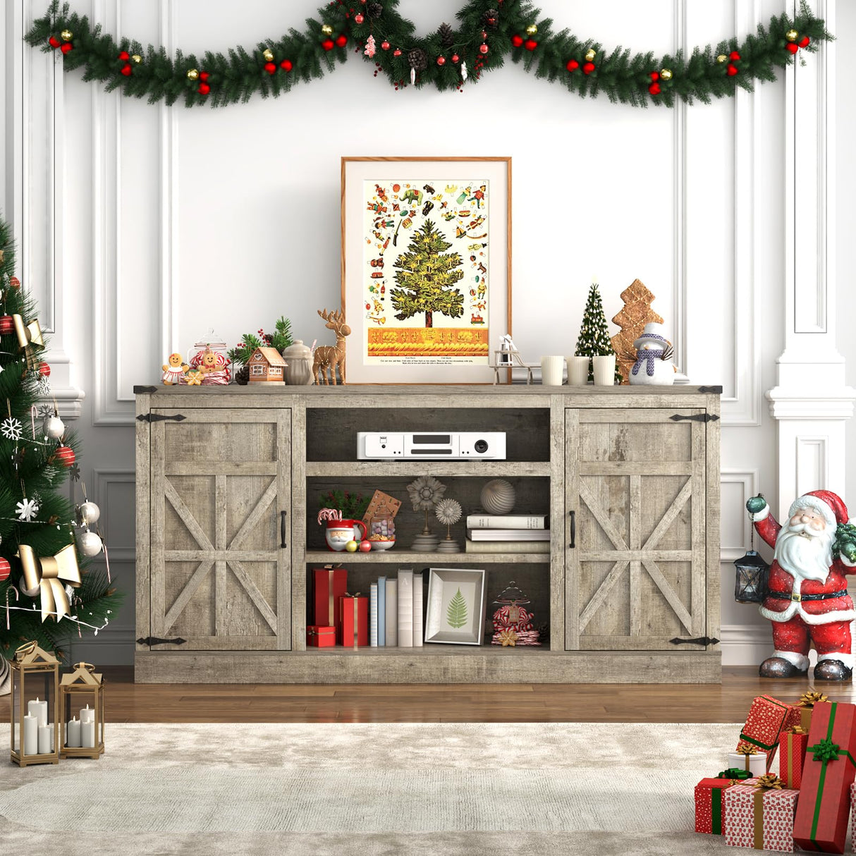 Hlivelood 66" Farmhouse TV Stand with Power Outlets for 75 Inch TVs, 33" Tall Entertainment Center with Storage Cabinets w/Adjustable Shelves, Rustic Large TV Media Console, Light Rustic Oak Hlivelood