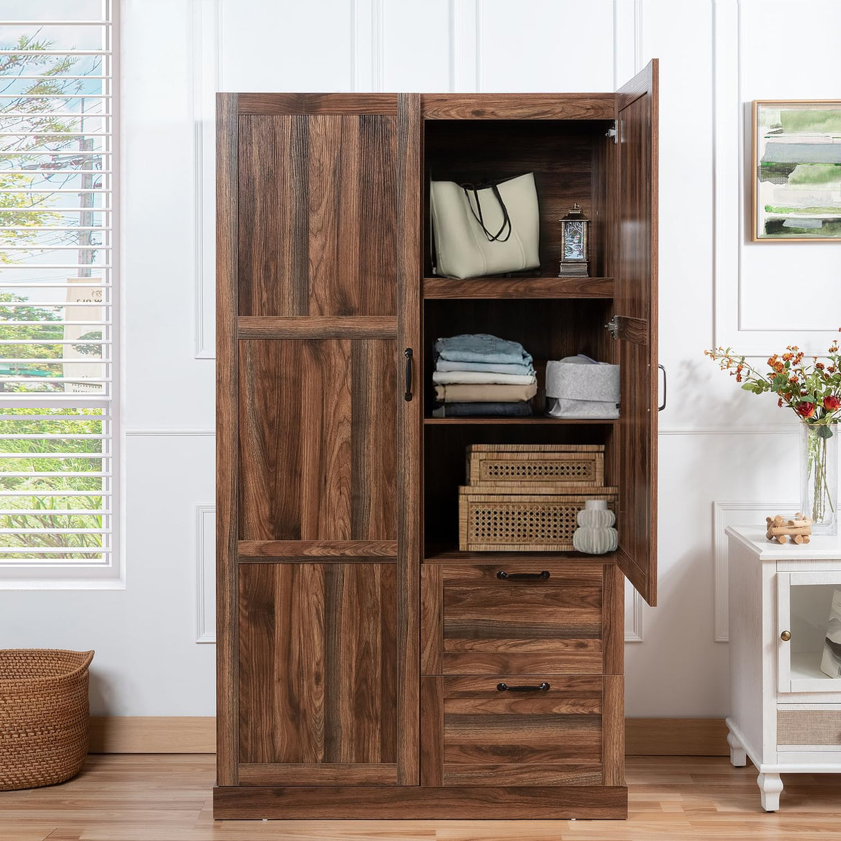 Naomi Home Storage Cabinet with 2 Barn Doors, 2 Drawers & Adjustable Shelves – Tall Wardrobe Closet Armoire for Bedroom, Living Room, or Utility Space – Brown Oak Finish Naomi Home